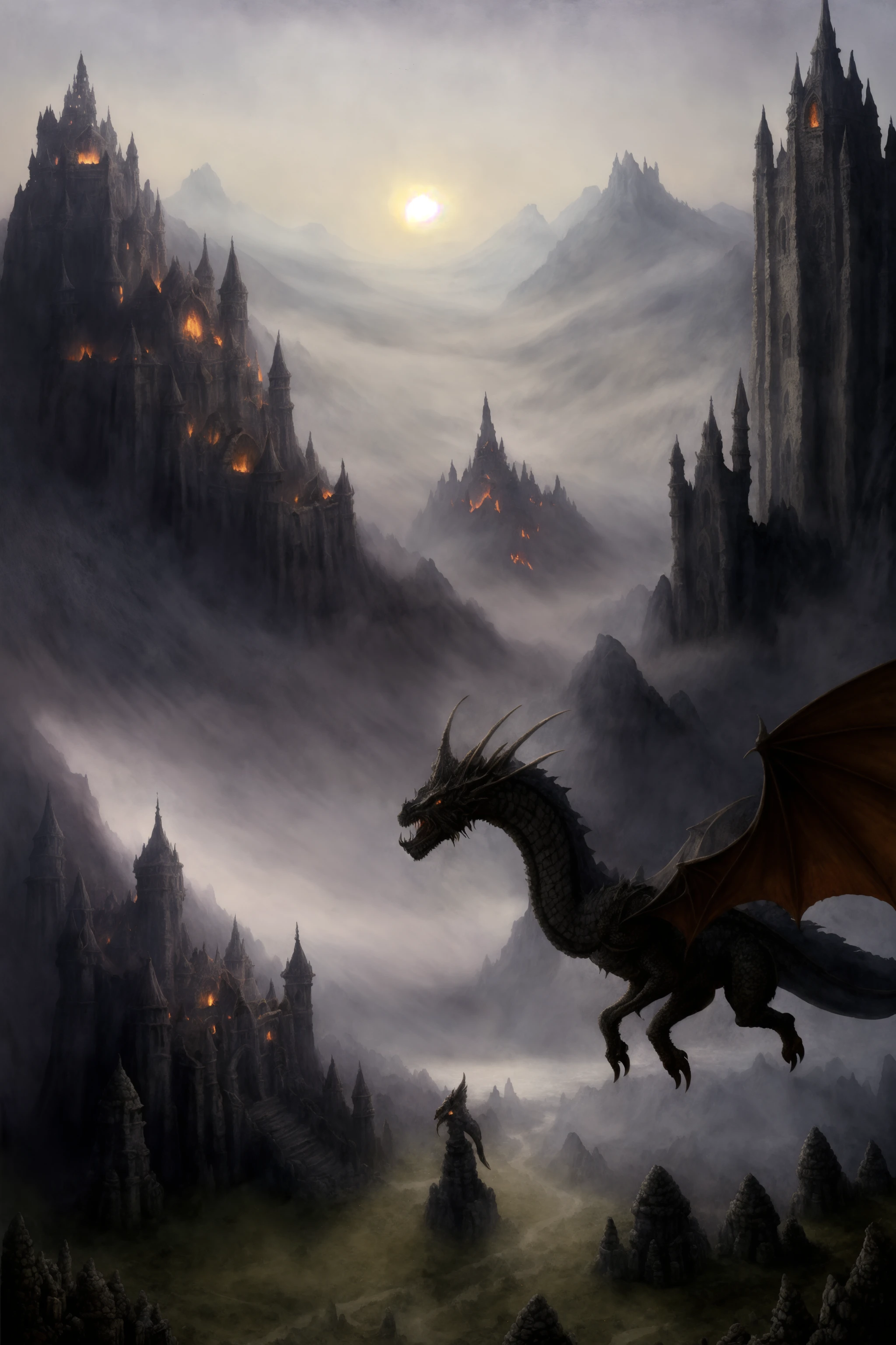 Dark fantasy art style, knight fighting a giant