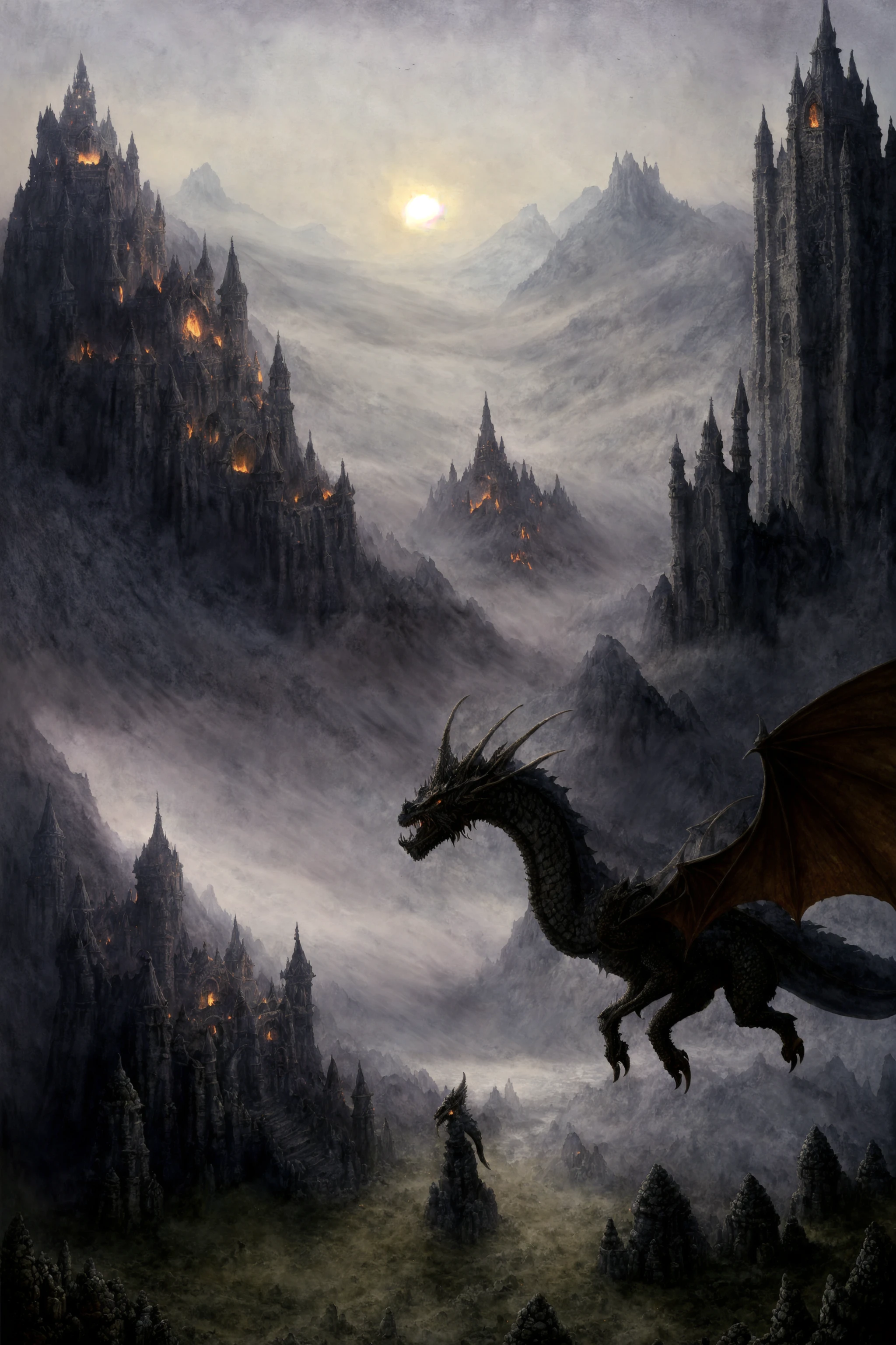 Dark fantasy art style, knight fighting a giant