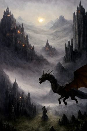 Dark fantasy art style, knight fighting a giant