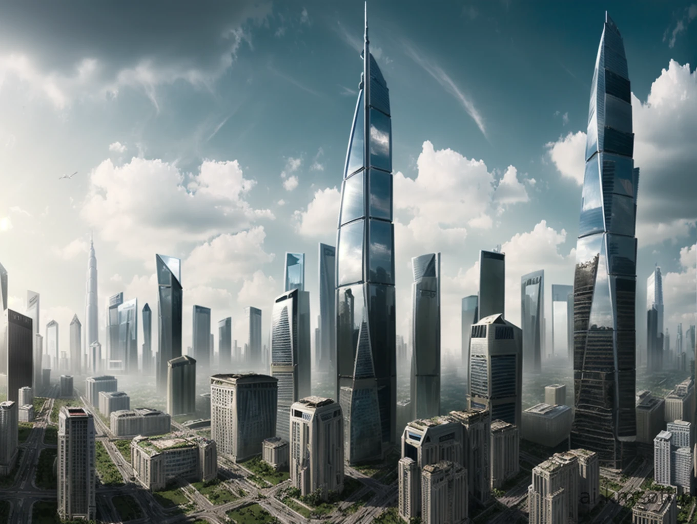 City, skyscrapers, postapocalyptic world, grass