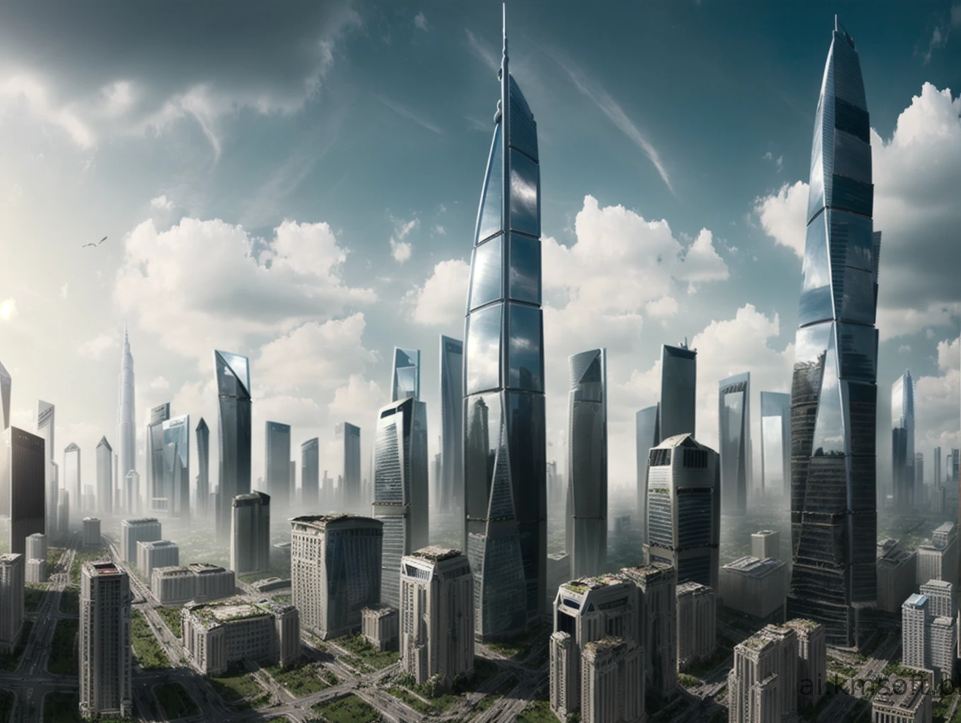 City, skyscrapers, postapocalyptic world, grass