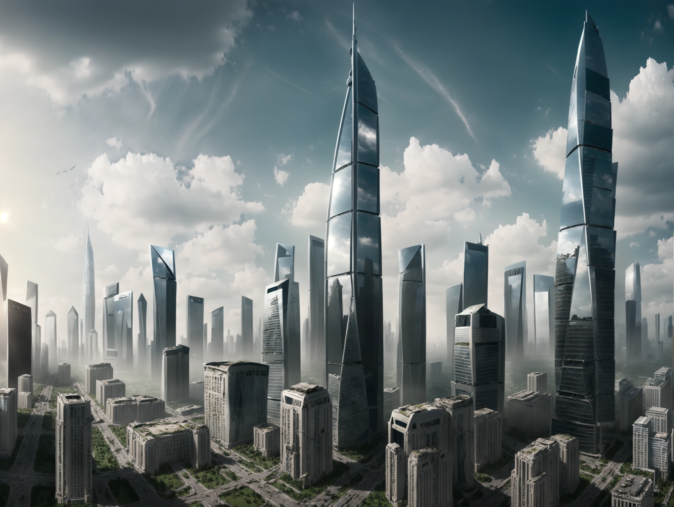 City, skyscrapers, postapocalyptic world, grass