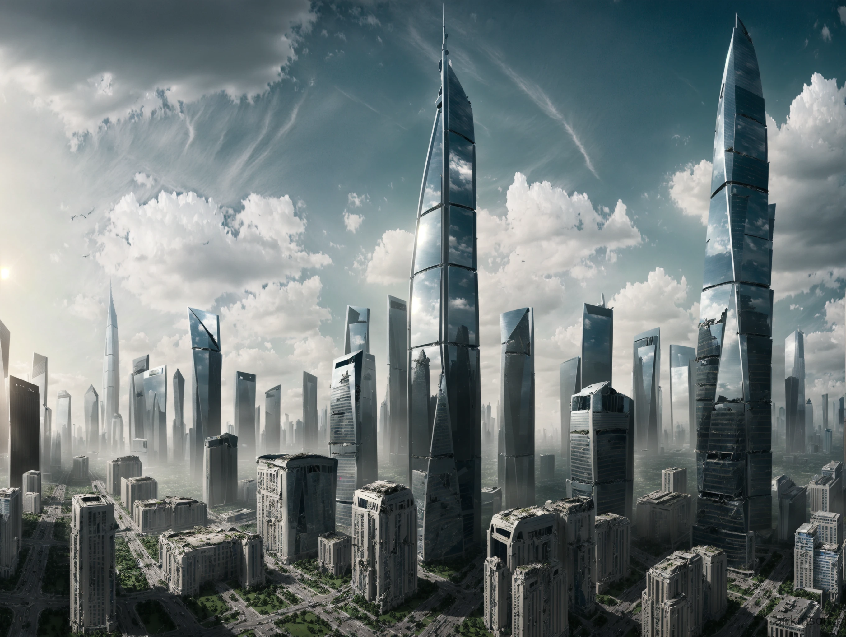 City, skyscrapers, postapocalyptic world, grass