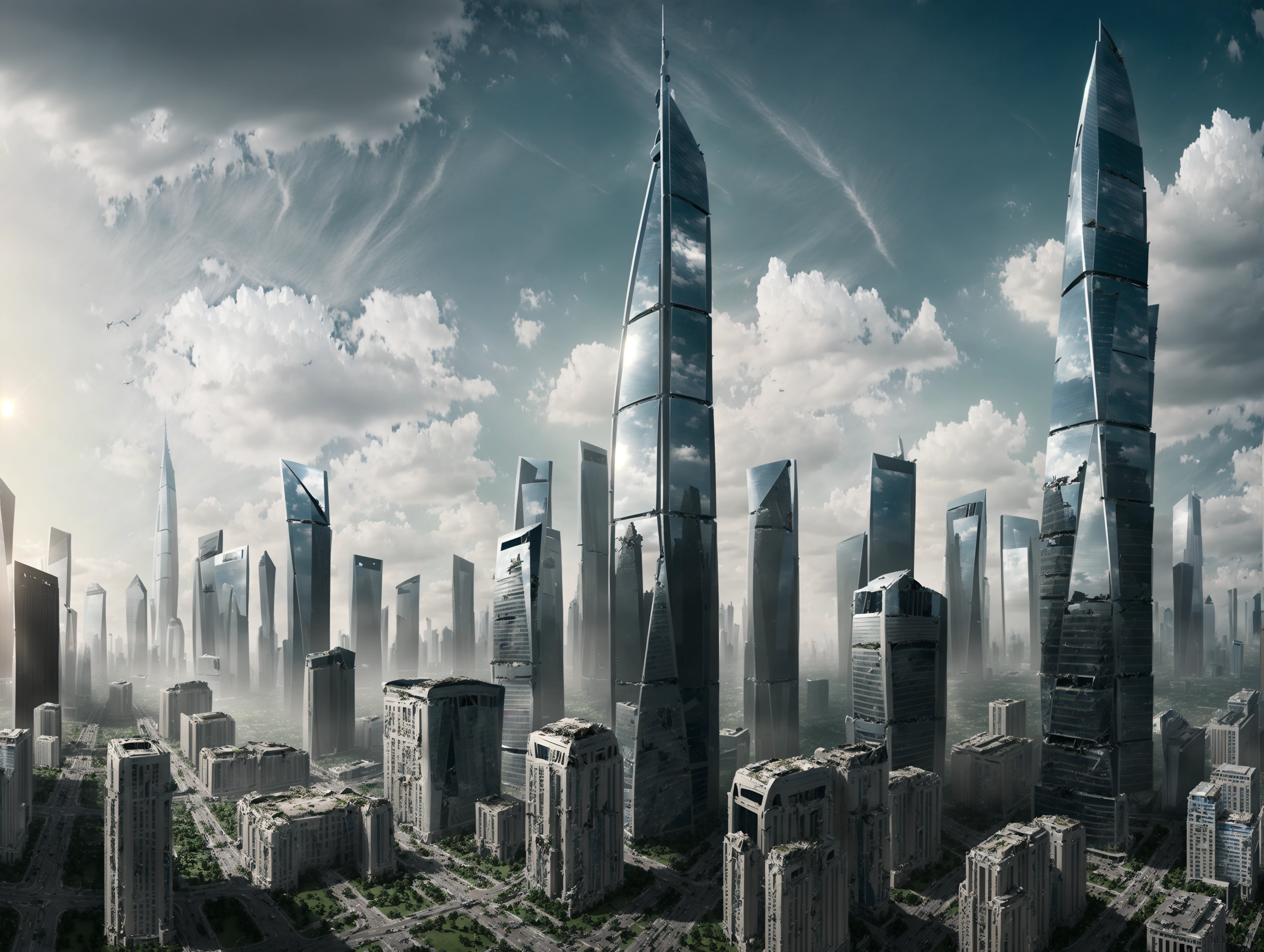 City, skyscrapers, postapocalyptic world, grass