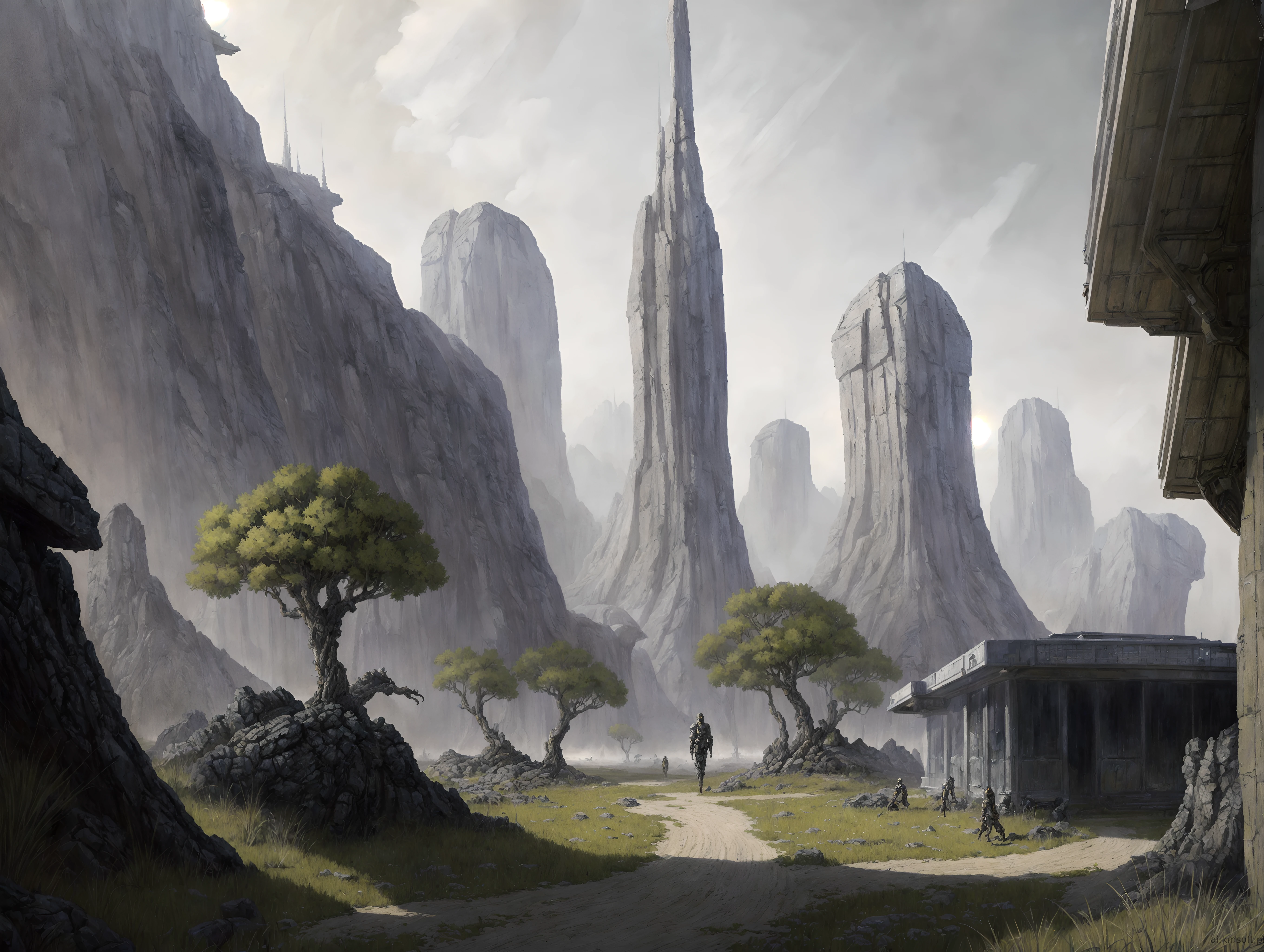 Landscape, oil on matte canvas, sharp details,