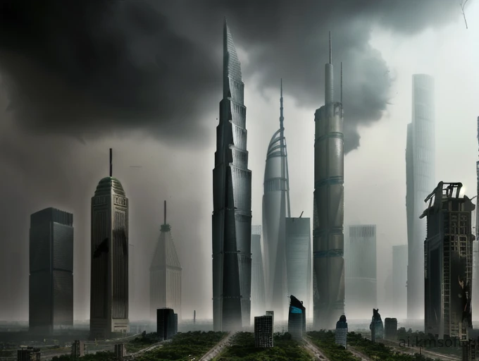 City, skyscrapers, postapocalyptic world, grass