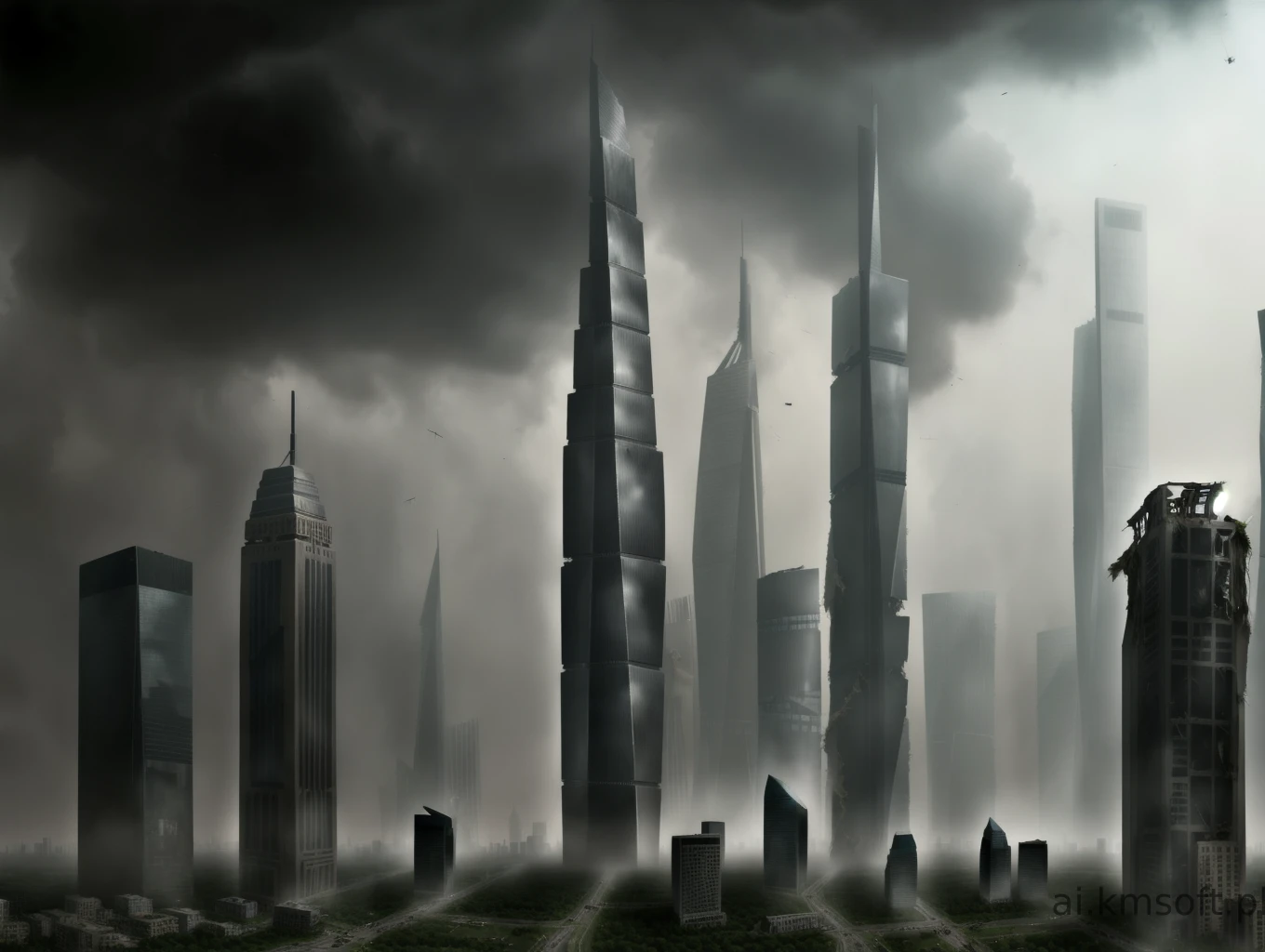 City, skyscrapers, postapocalyptic world, grass