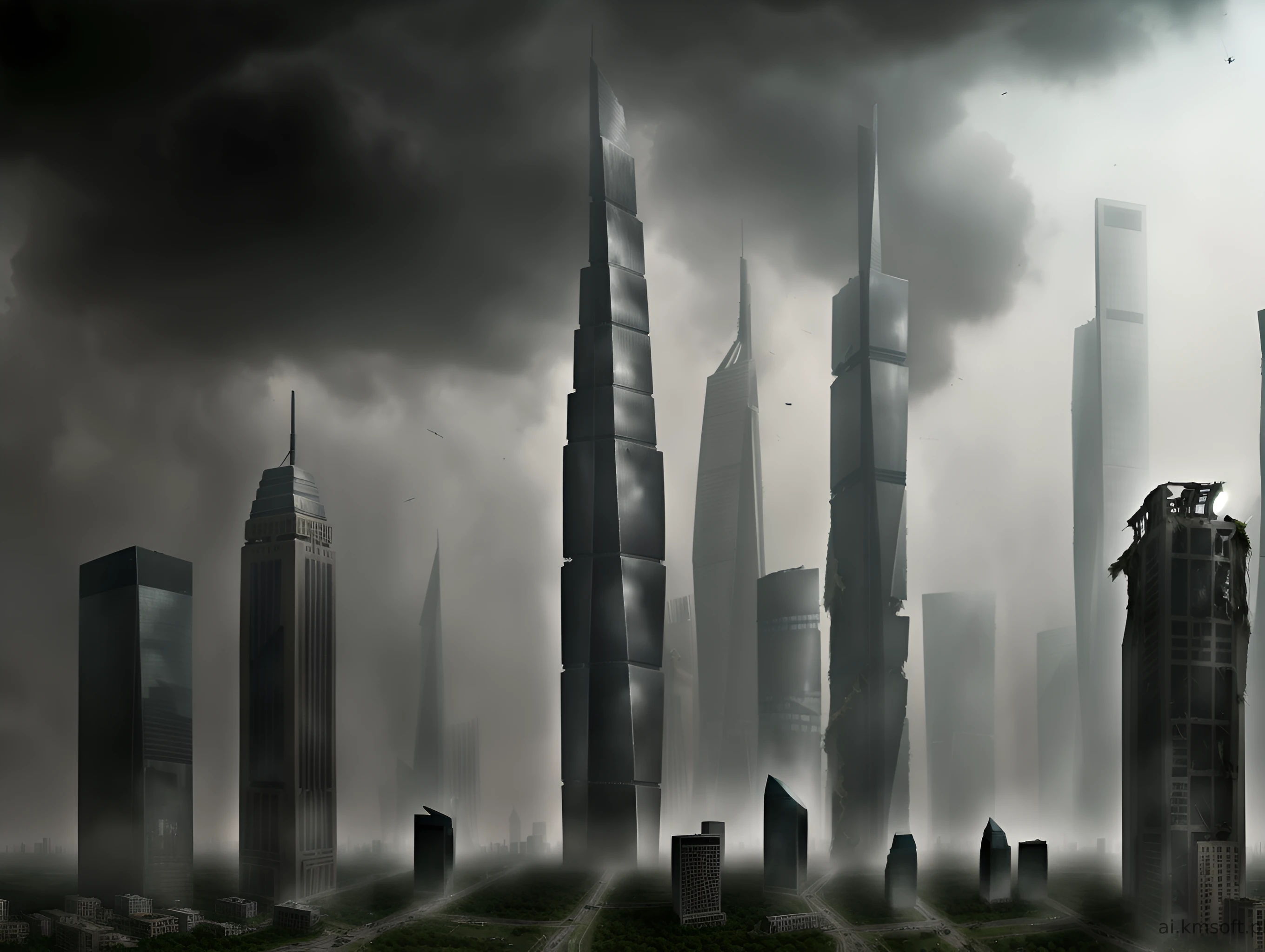 City, skyscrapers, postapocalyptic world, grass