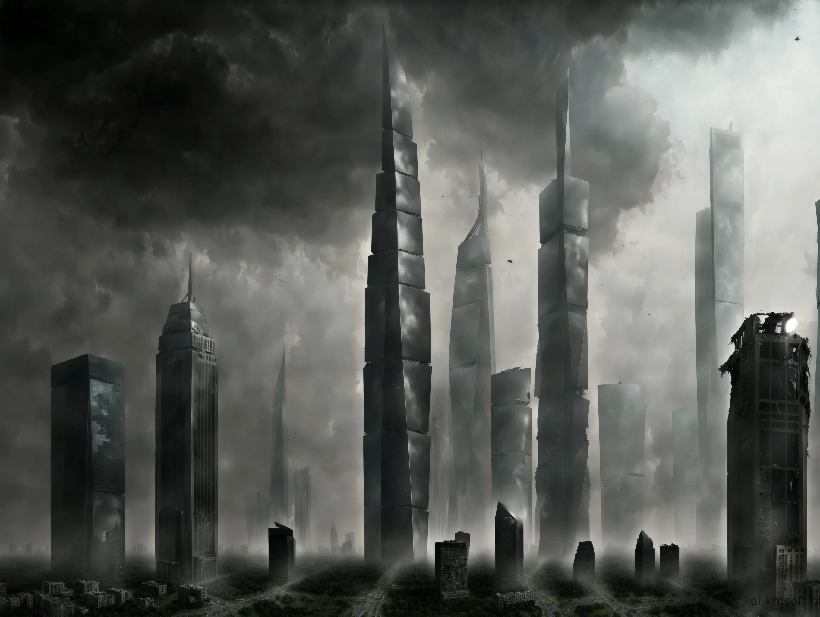 City, skyscrapers, postapocalyptic world, grass