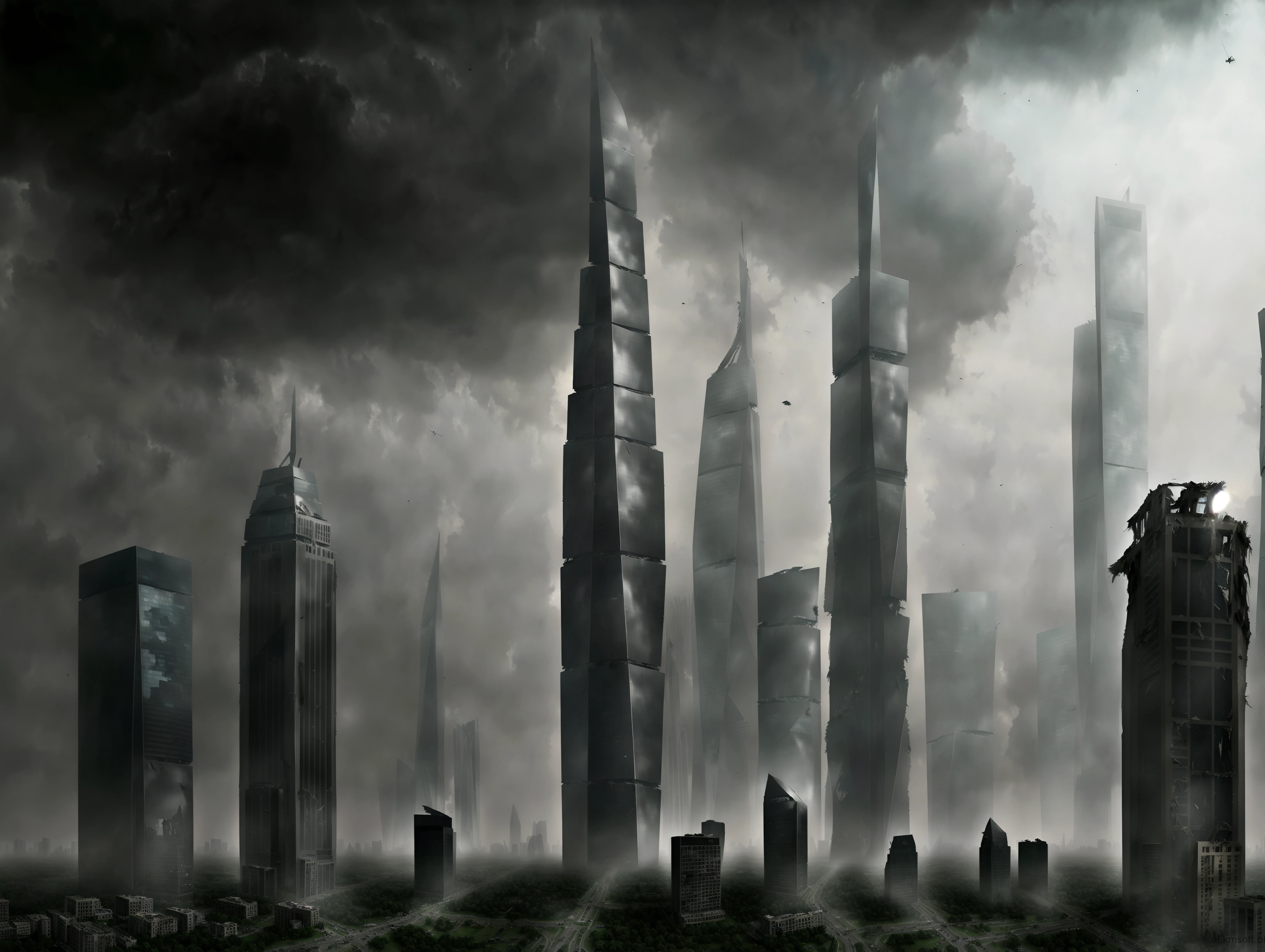 City, skyscrapers, postapocalyptic world, grass