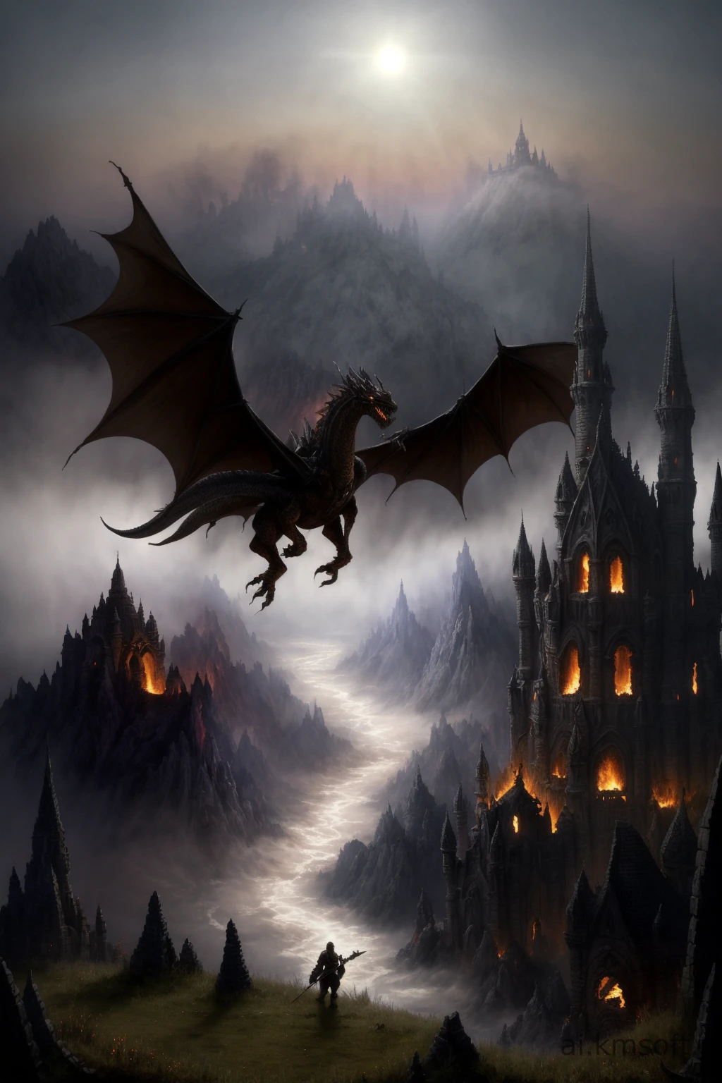 Dark fantasy art style, knight fighting a giant