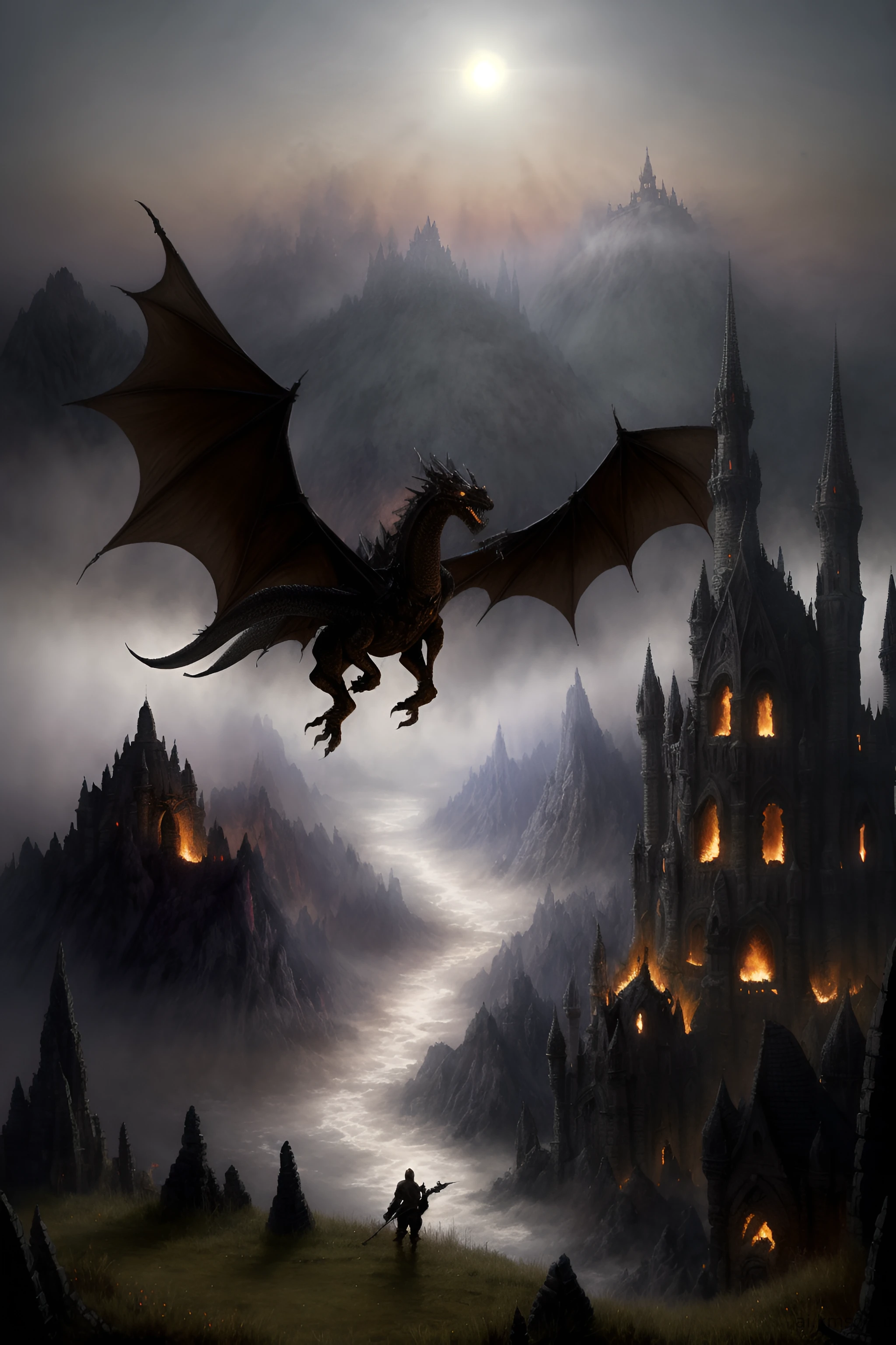 Dark fantasy art style, knight fighting a giant