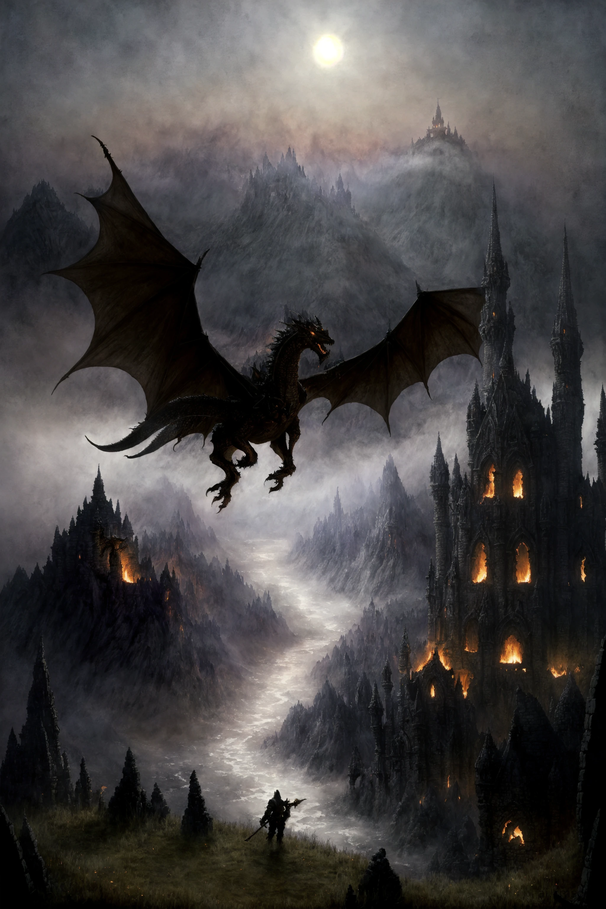 Dark fantasy art style, knight fighting a giant