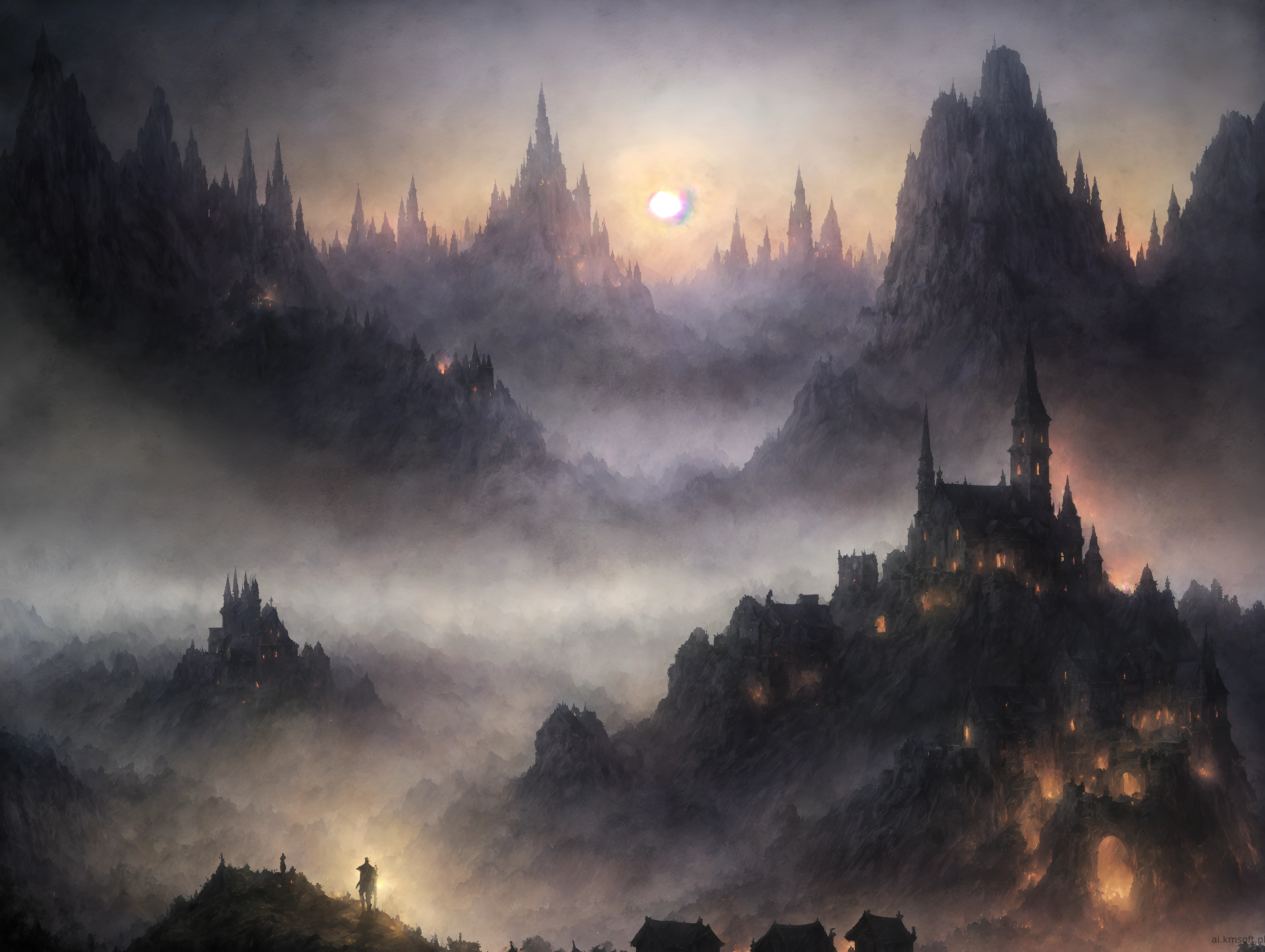 Dark fantasy art style, knight fighting a giant