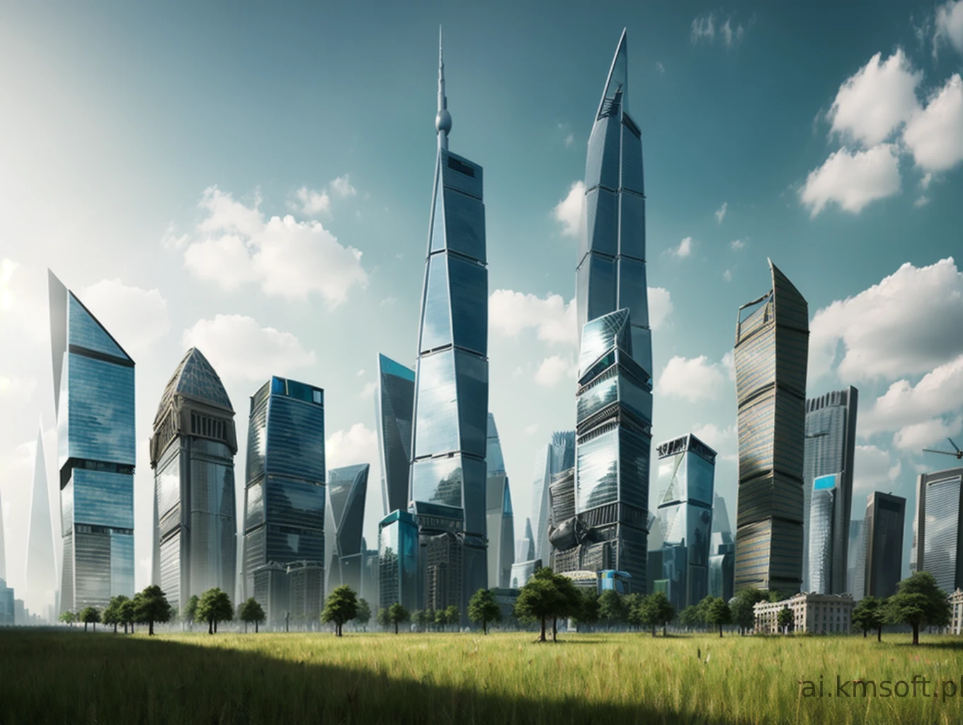City, skyscrapers, postapocalyptic world, grass