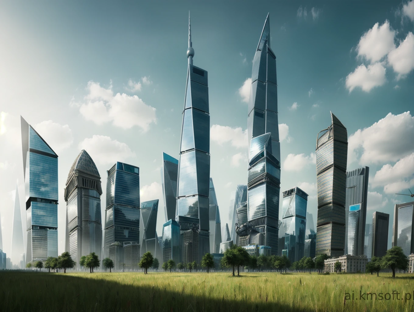 City, skyscrapers, postapocalyptic world, grass
