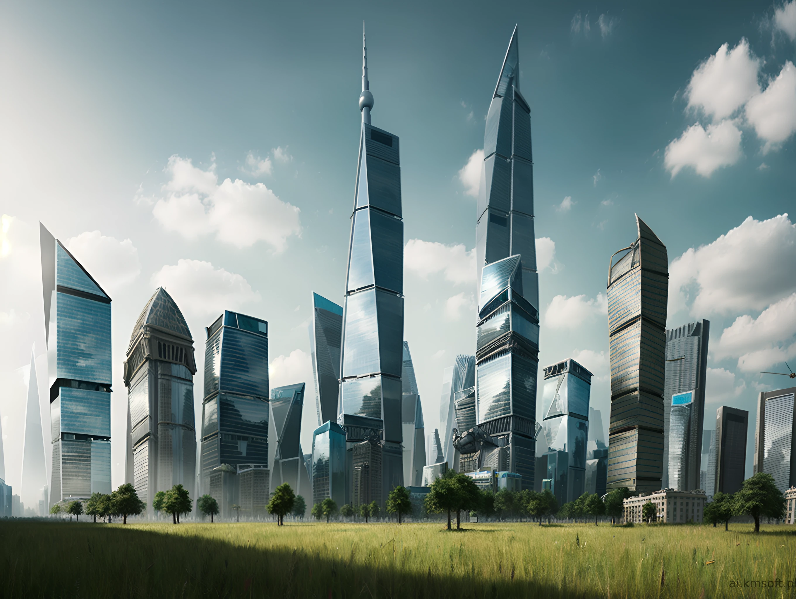 City, skyscrapers, postapocalyptic world, grass