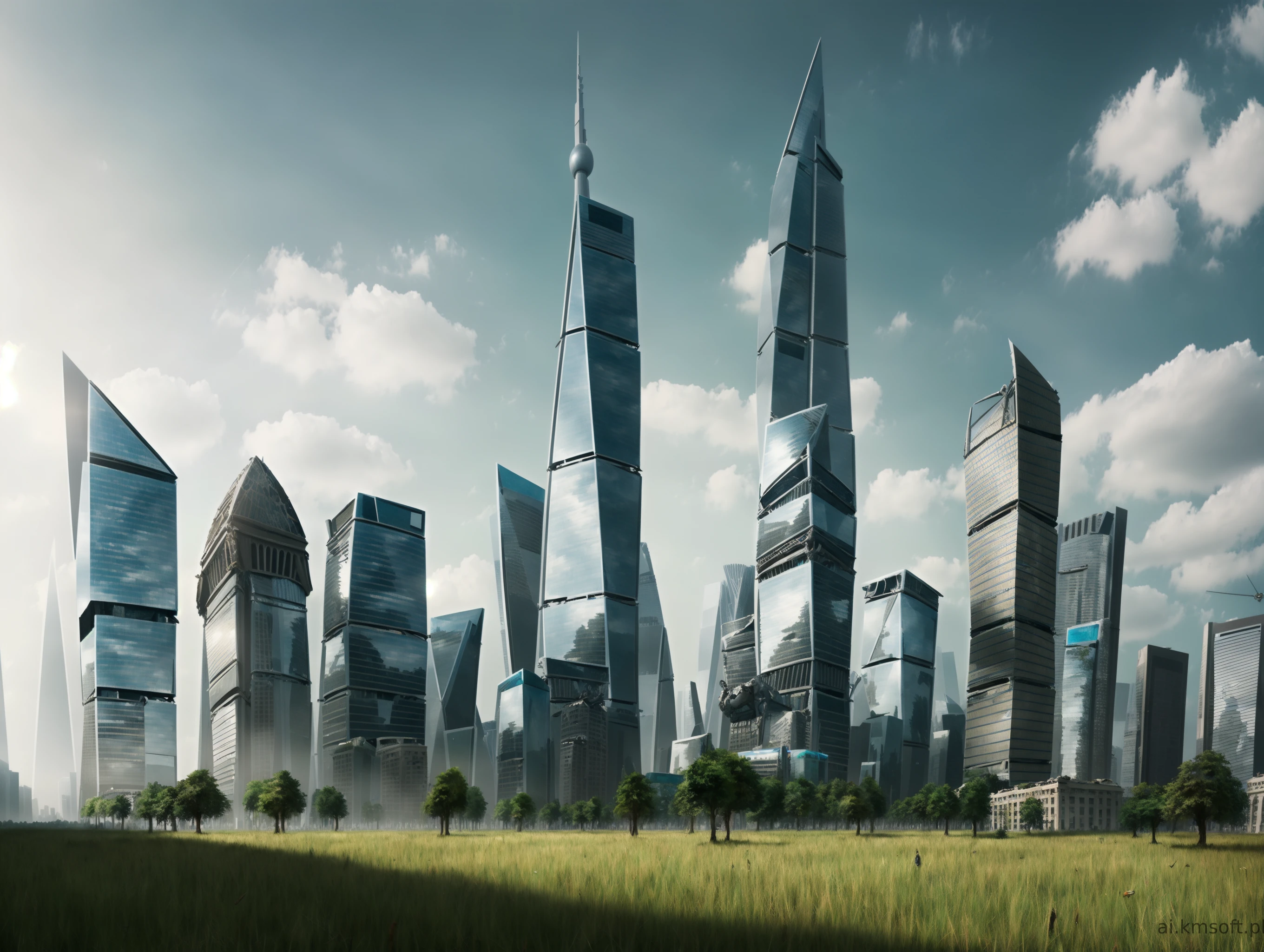 City, skyscrapers, postapocalyptic world, grass