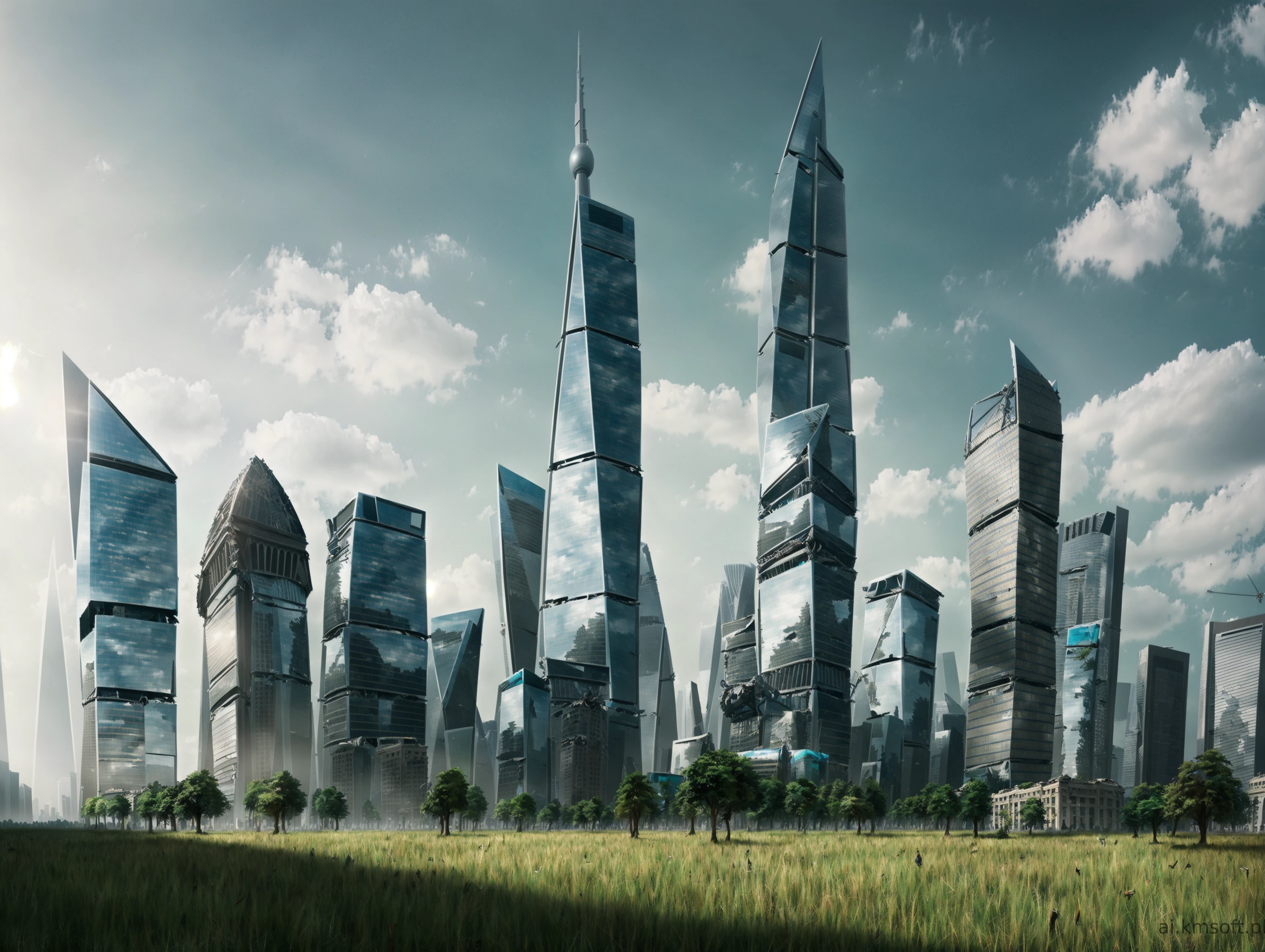 City, skyscrapers, postapocalyptic world, grass