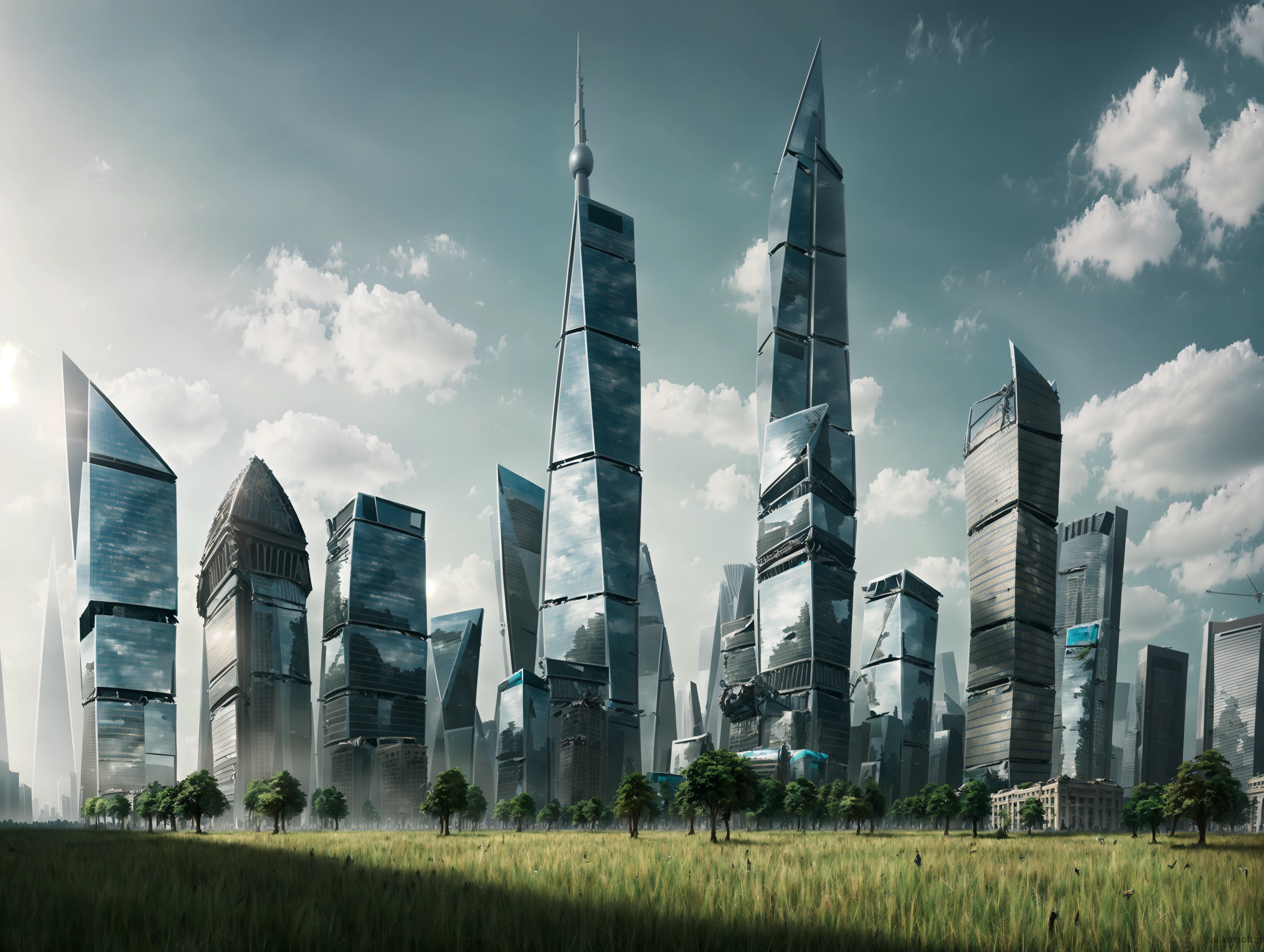 City, skyscrapers, postapocalyptic world, grass