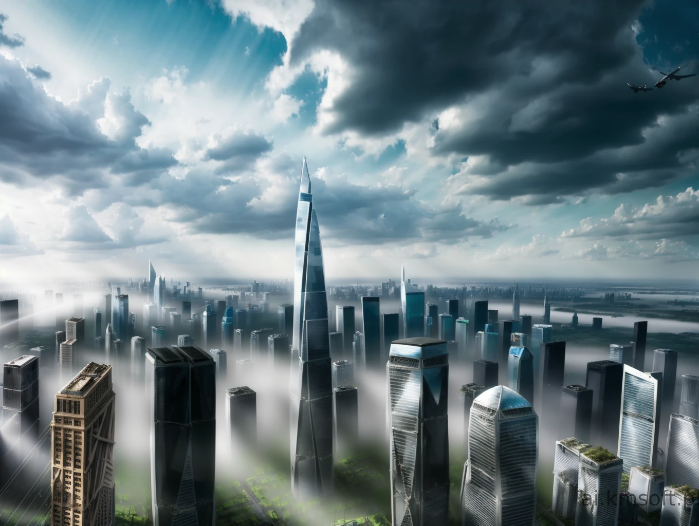 City, skyscrapers, postapocalyptic world, grass