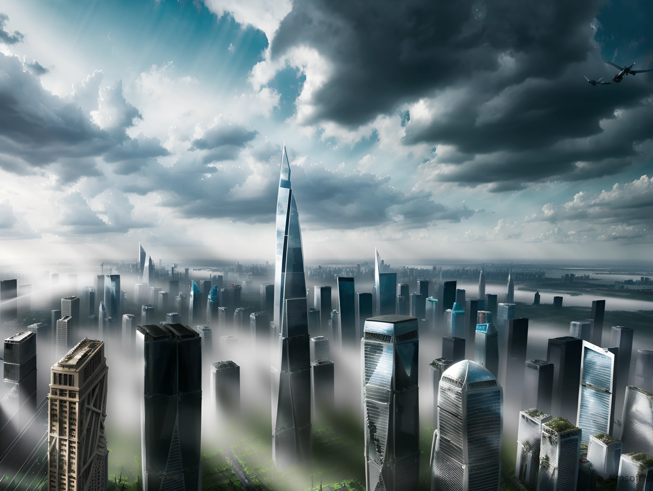 City, skyscrapers, postapocalyptic world, grass