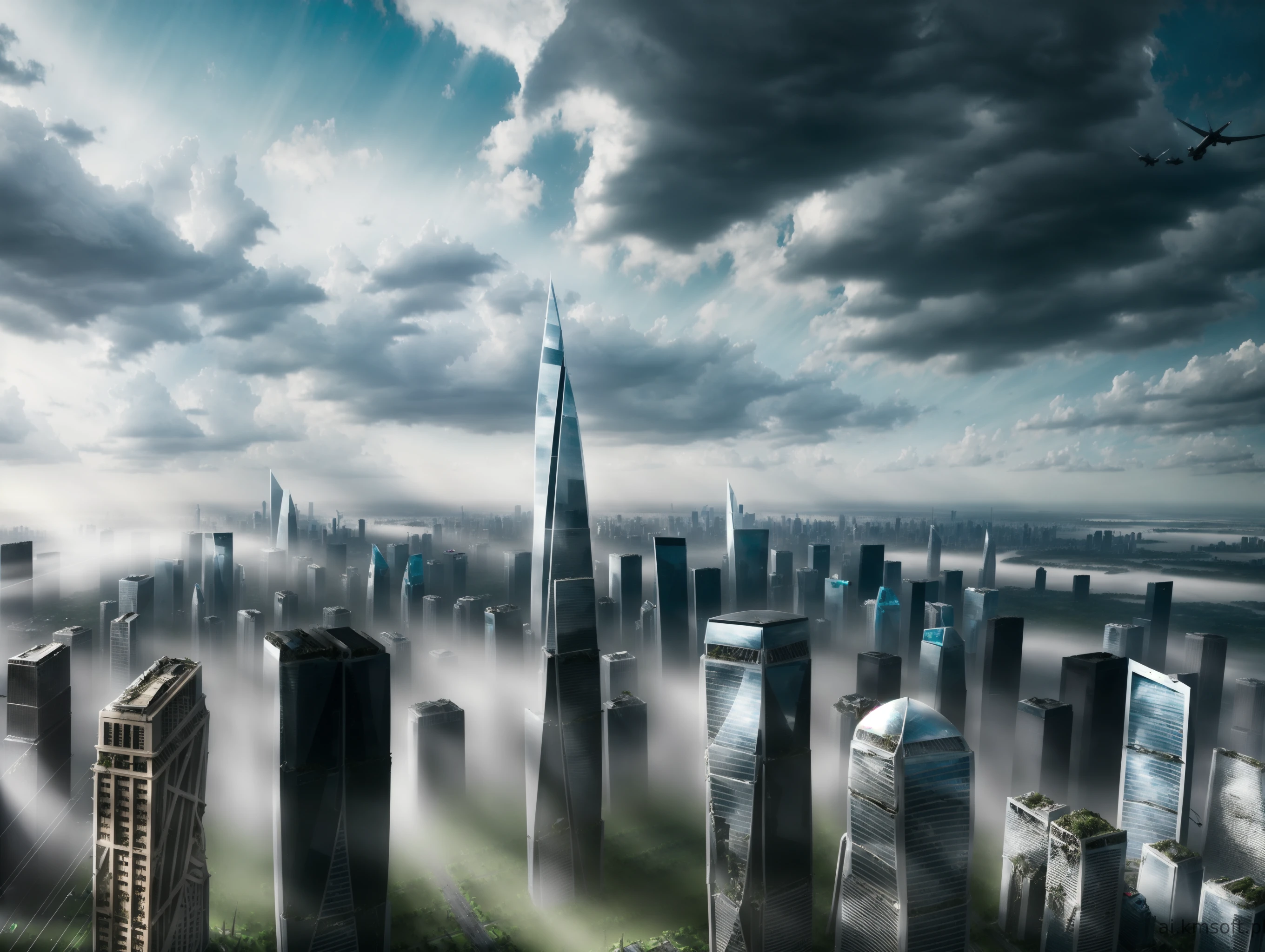 City, skyscrapers, postapocalyptic world, grass