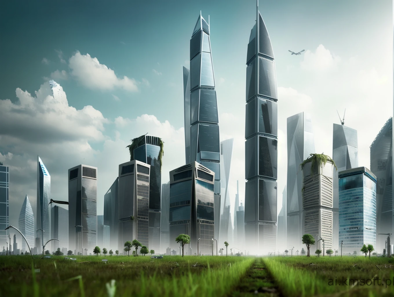 City, skyscrapers, postapocalyptic world, grass