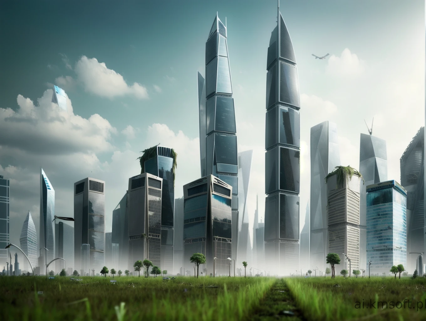 City, skyscrapers, postapocalyptic world, grass