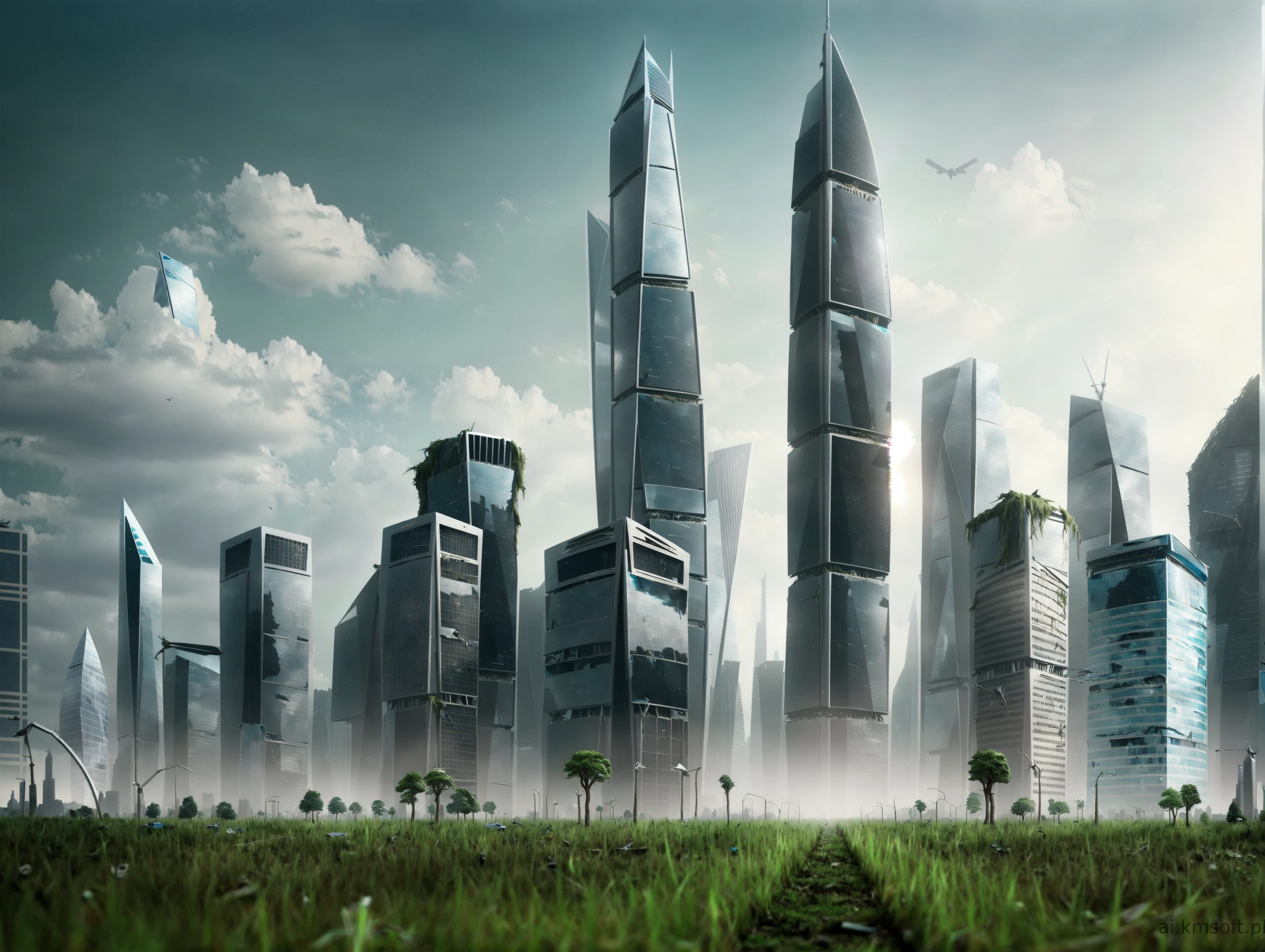 City, skyscrapers, postapocalyptic world, grass