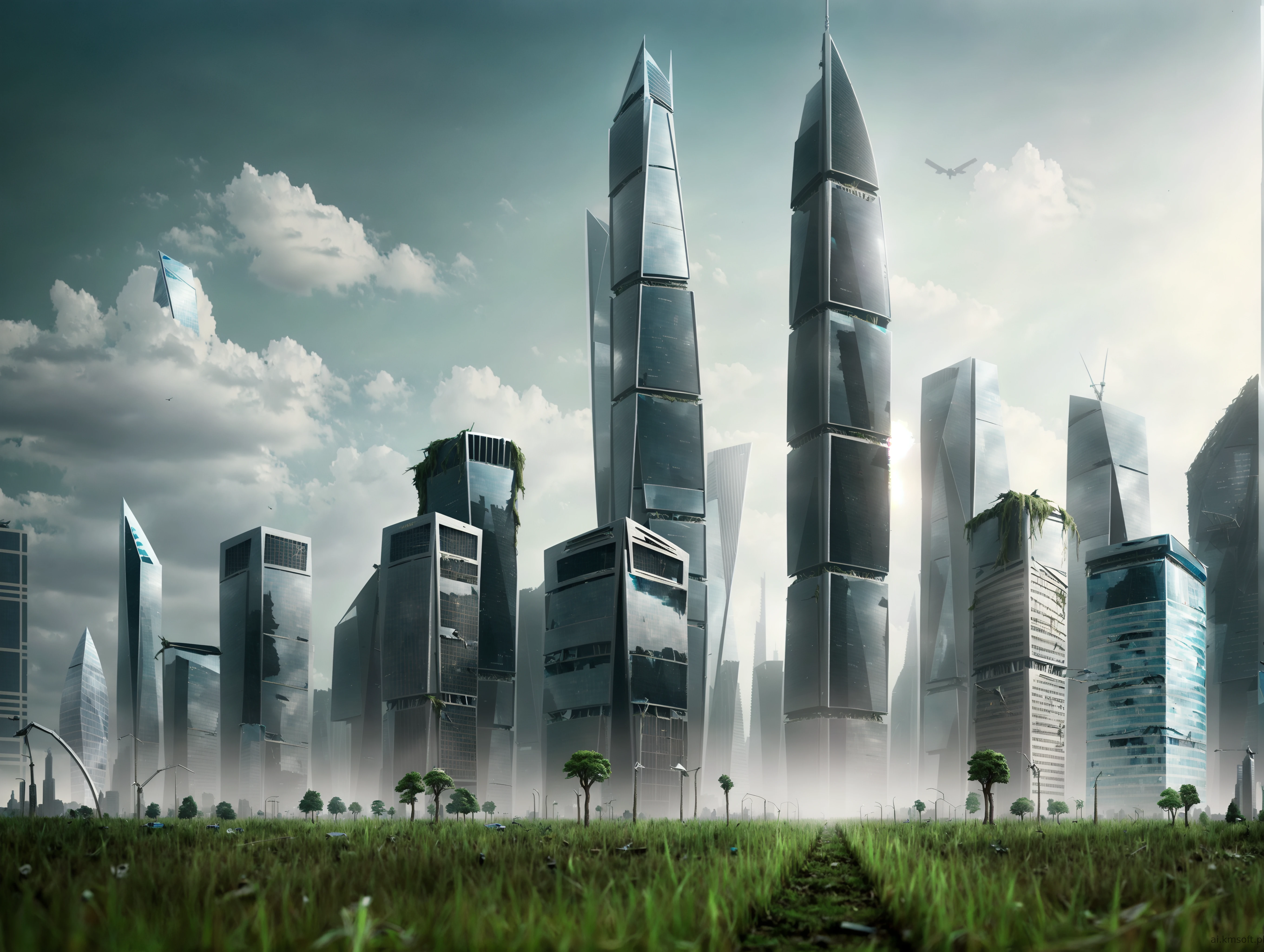 City, skyscrapers, postapocalyptic world, grass