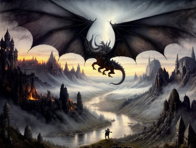 Dark fantasy art style, knight fighting a giant