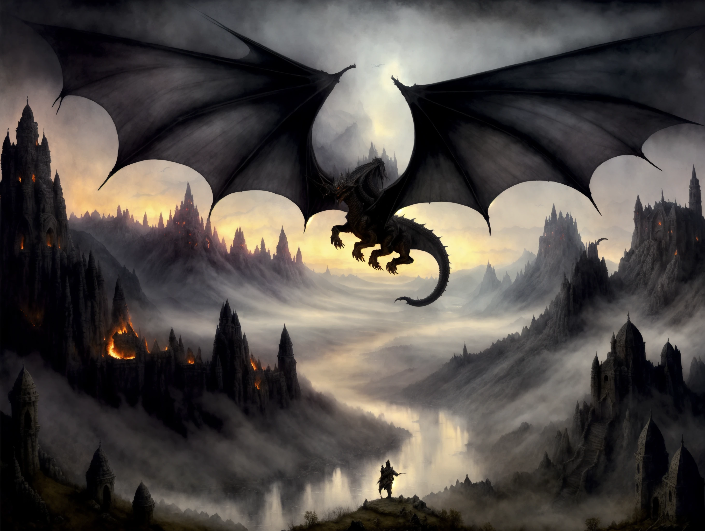 Dark fantasy art style, knight fighting a giant