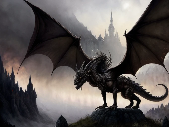 Dark fantasy art style, knight fighting a giant