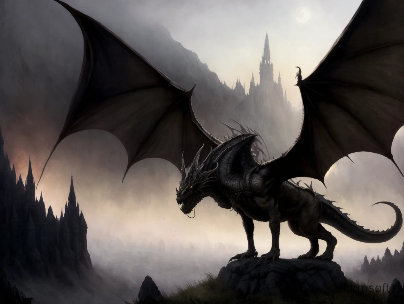 Dark fantasy art style, knight fighting a giant