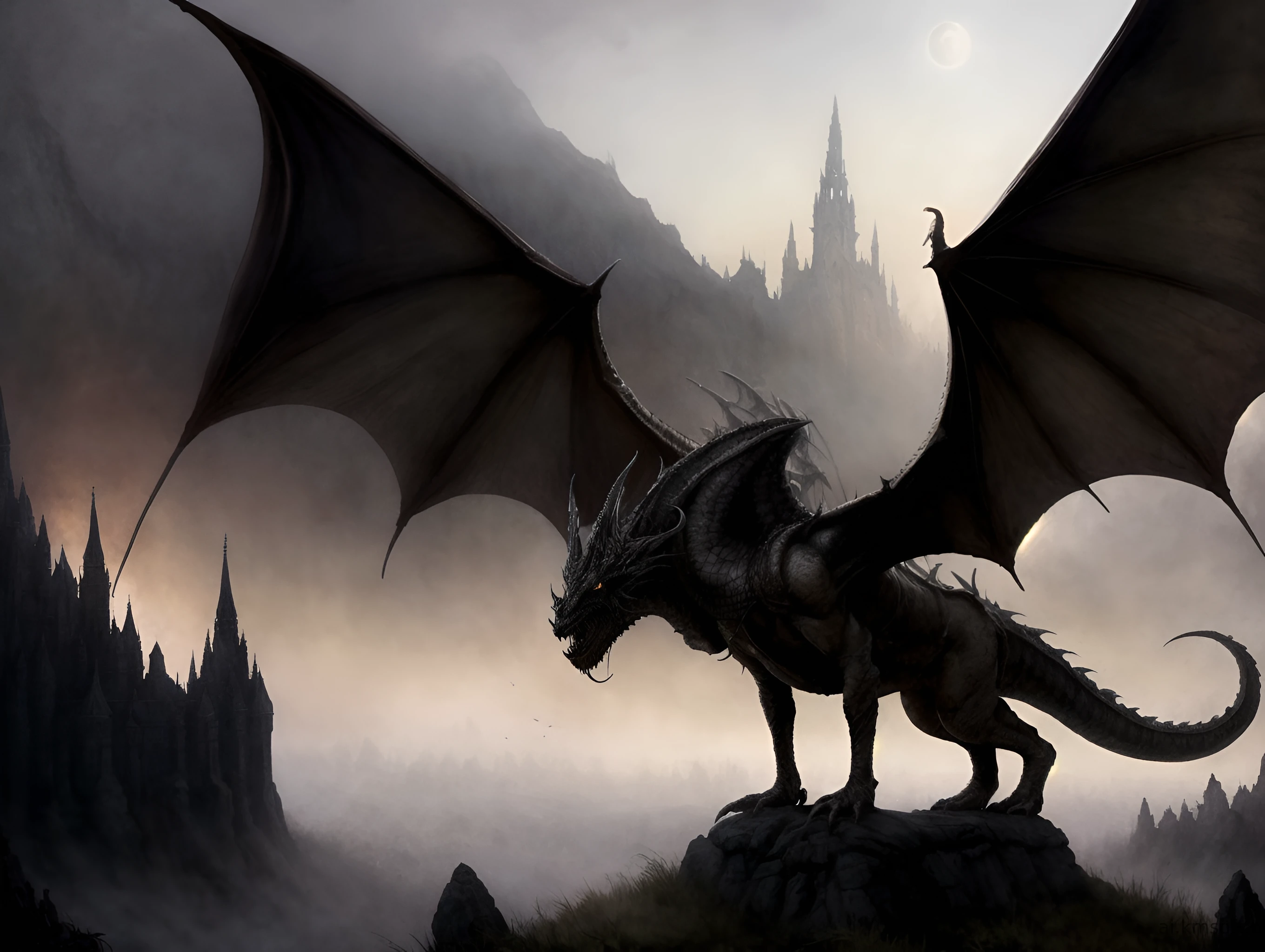 Dark fantasy art style, knight fighting a giant