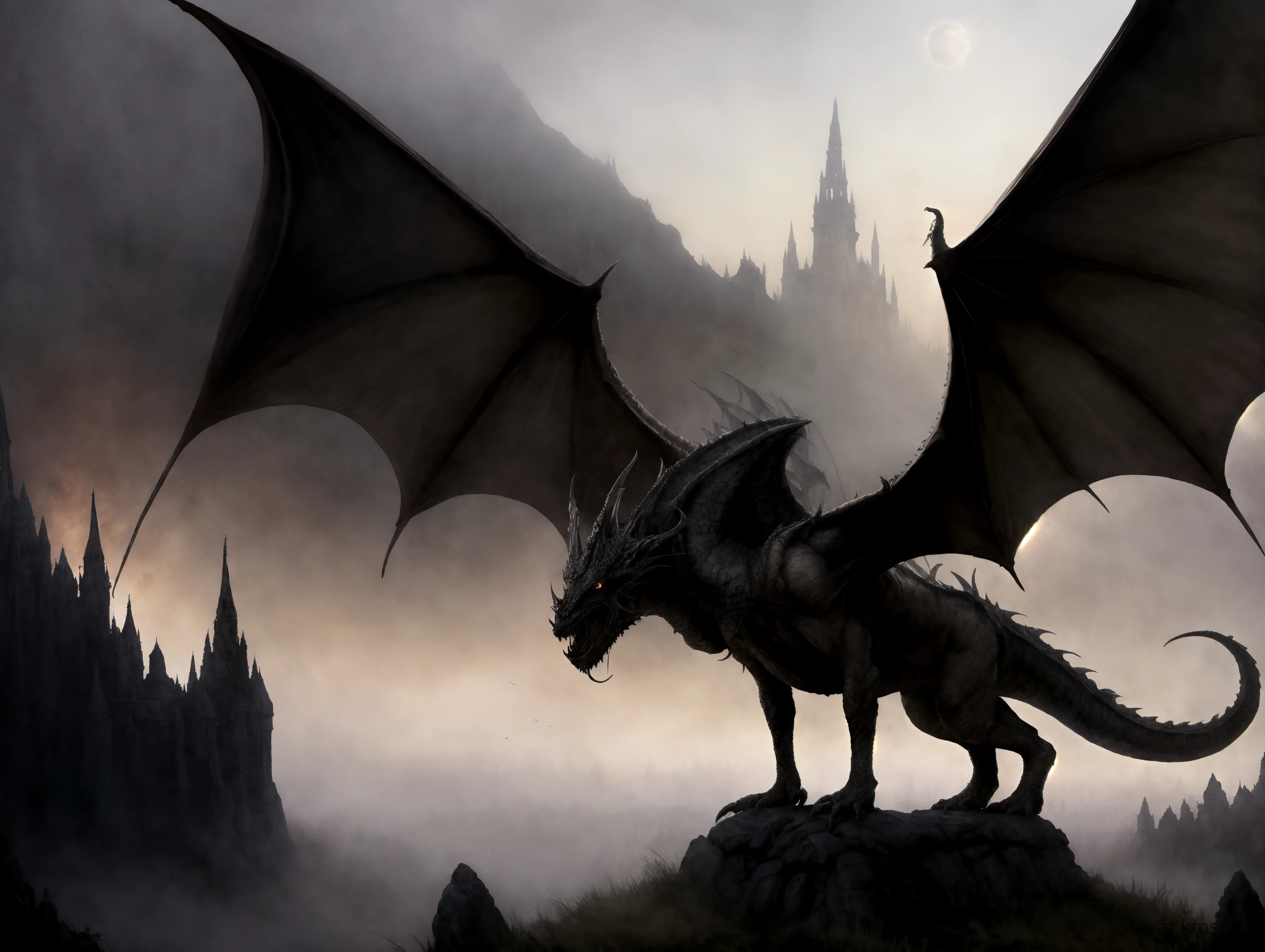 Dark fantasy art style, knight fighting a giant