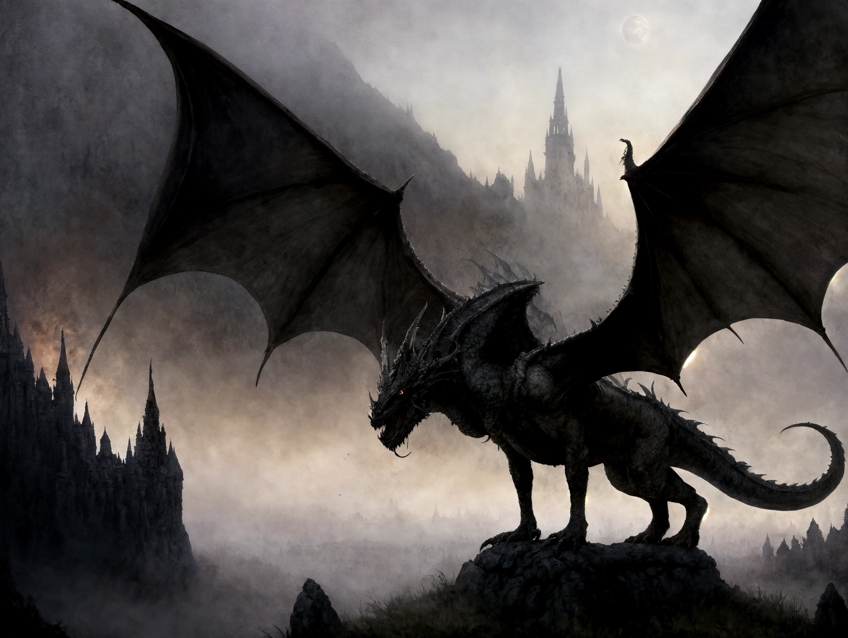 Dark fantasy art style, knight fighting a giant