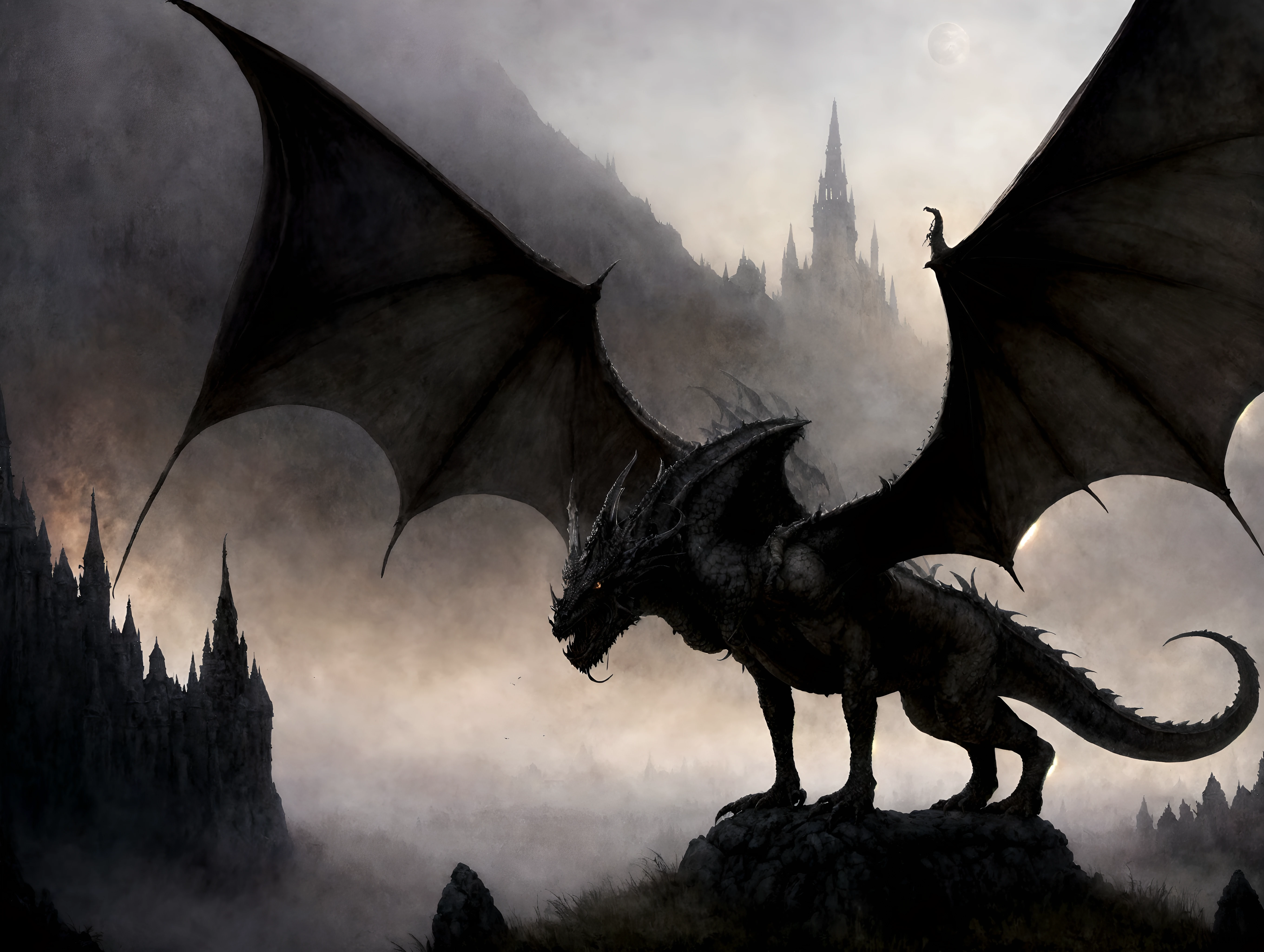 Dark fantasy art style, knight fighting a giant