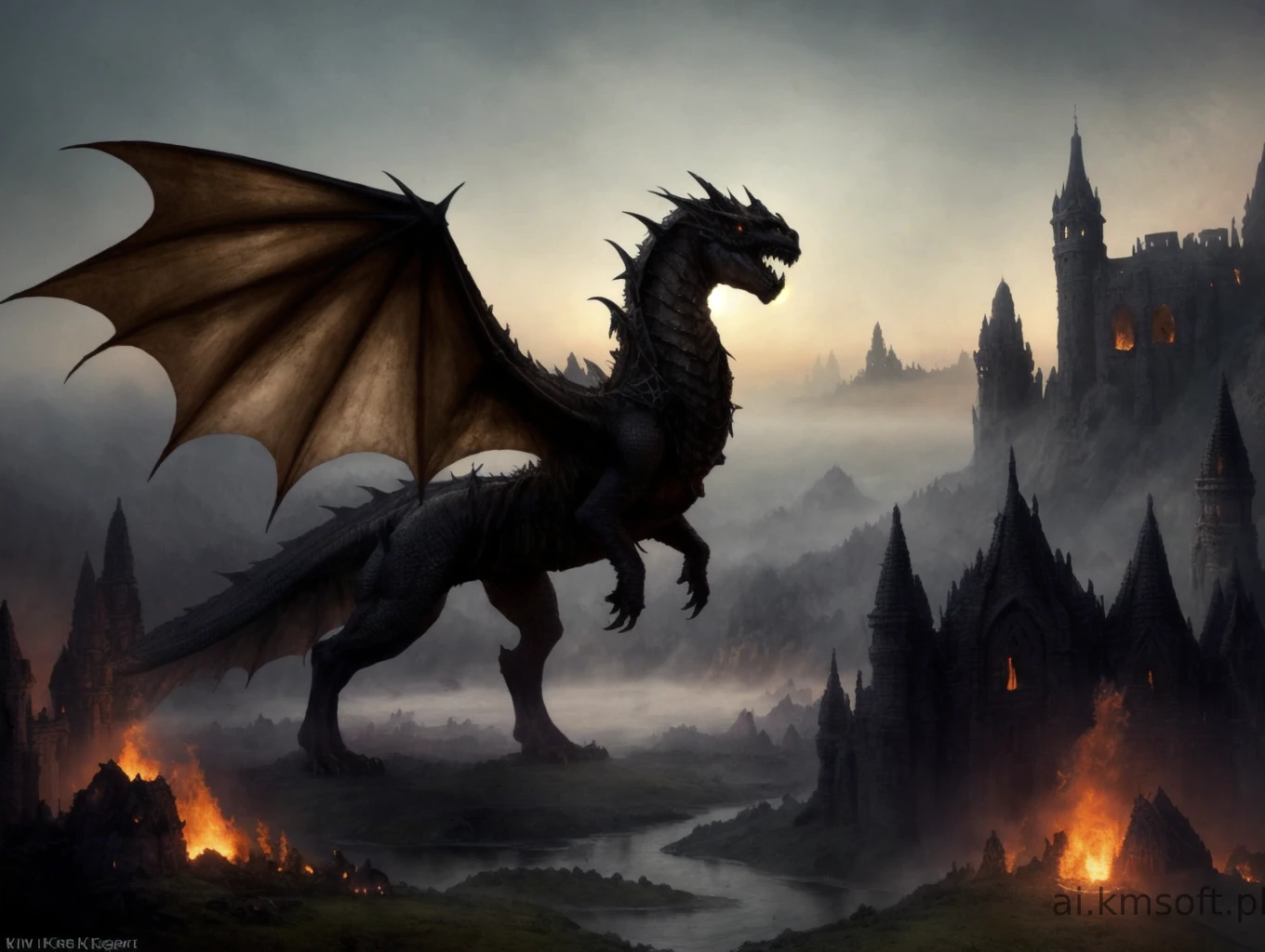 Dark fantasy art style, knight fighting a giant