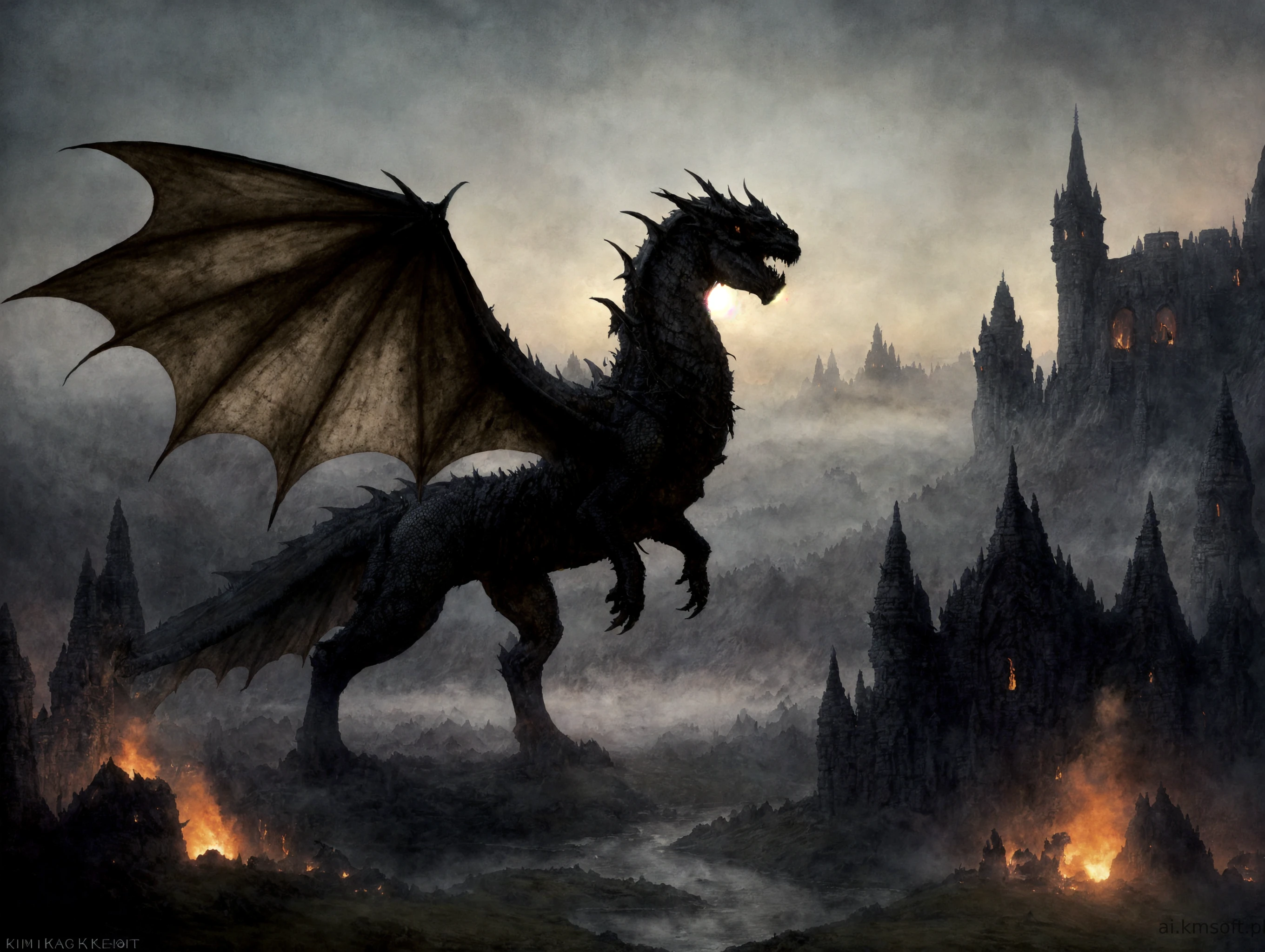 Dark fantasy art style, knight fighting a giant