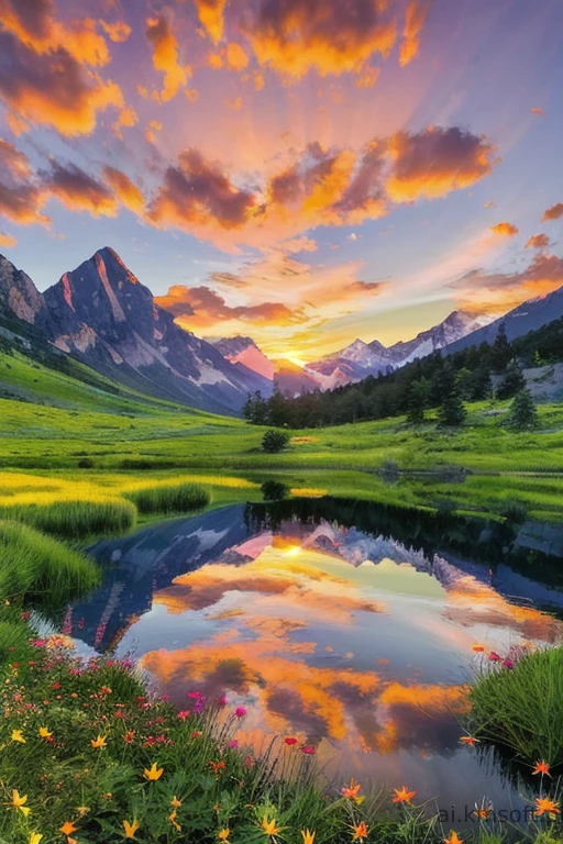 Serene landscape at sunset, tranquil lake