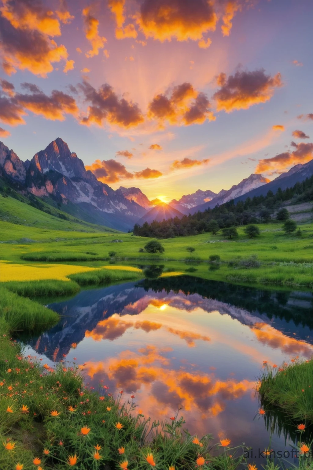 Serene landscape at sunset, tranquil lake