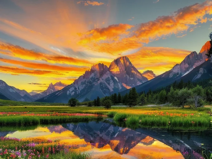 Serene landscape at sunset, tranquil lake