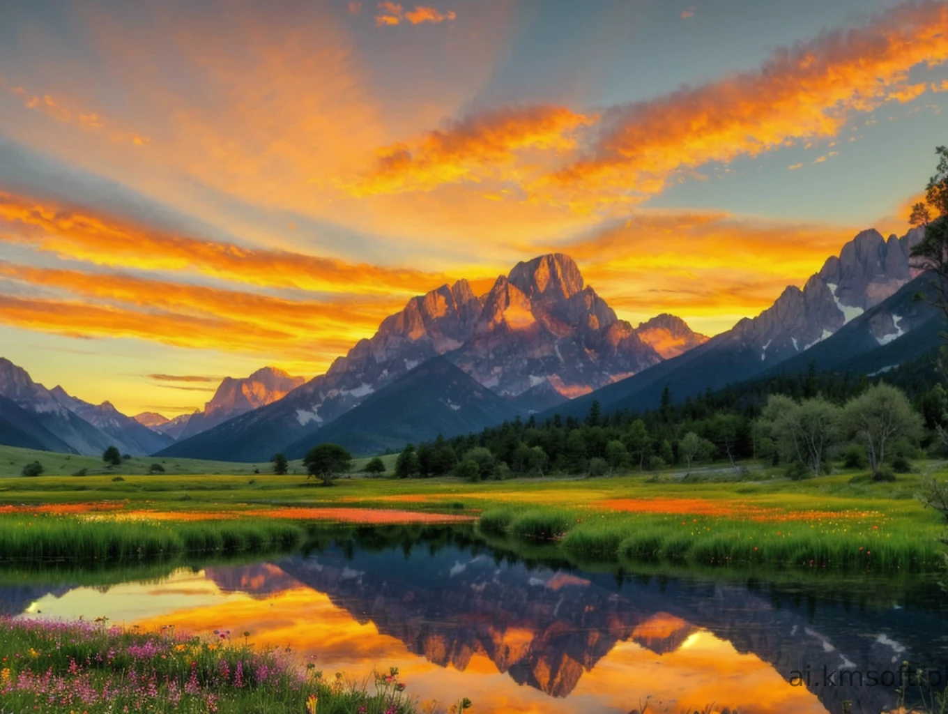 Serene landscape at sunset, tranquil lake