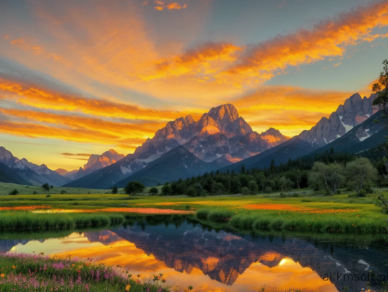 Serene landscape at sunset, tranquil lake