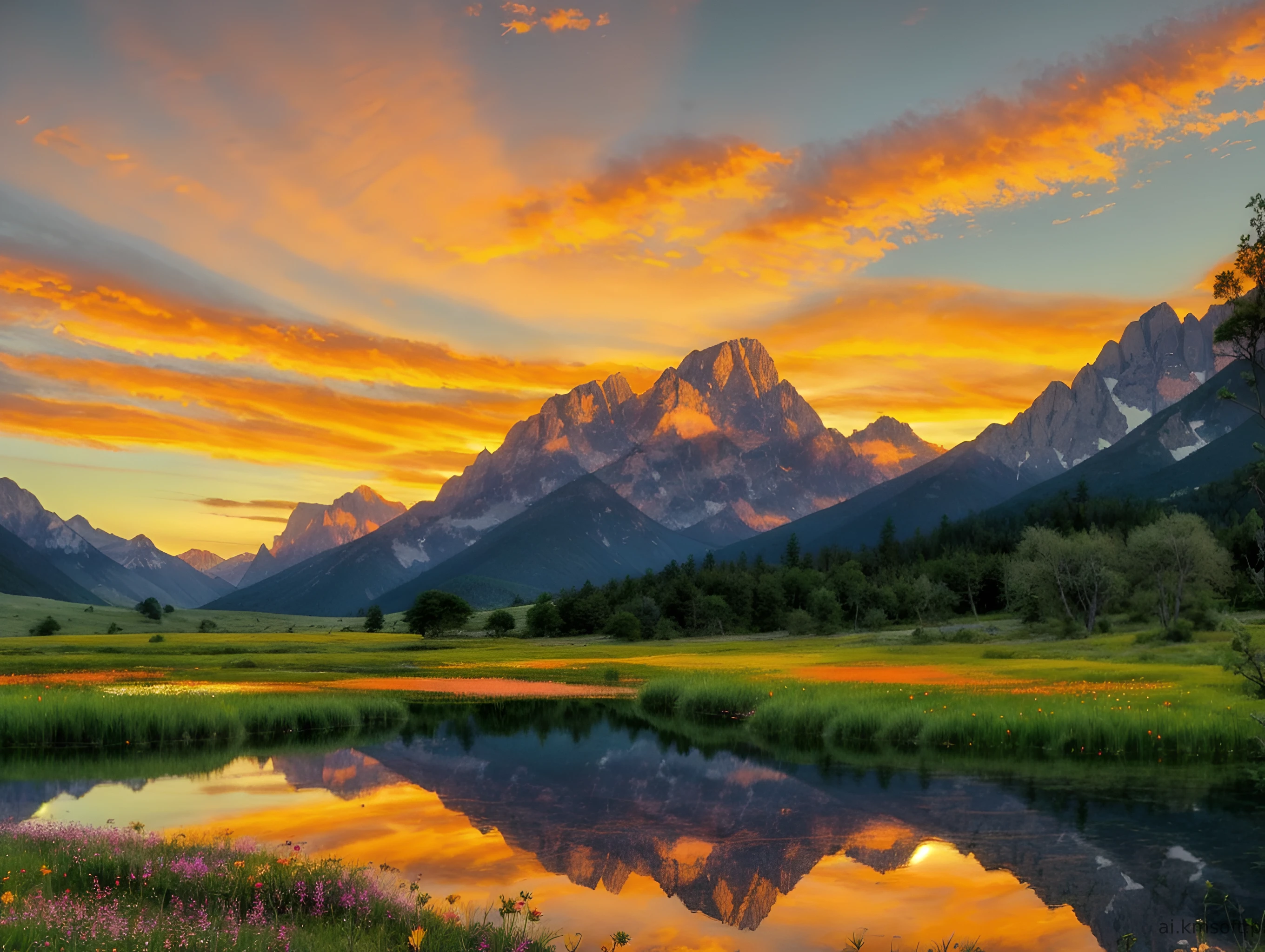 Serene landscape at sunset, tranquil lake