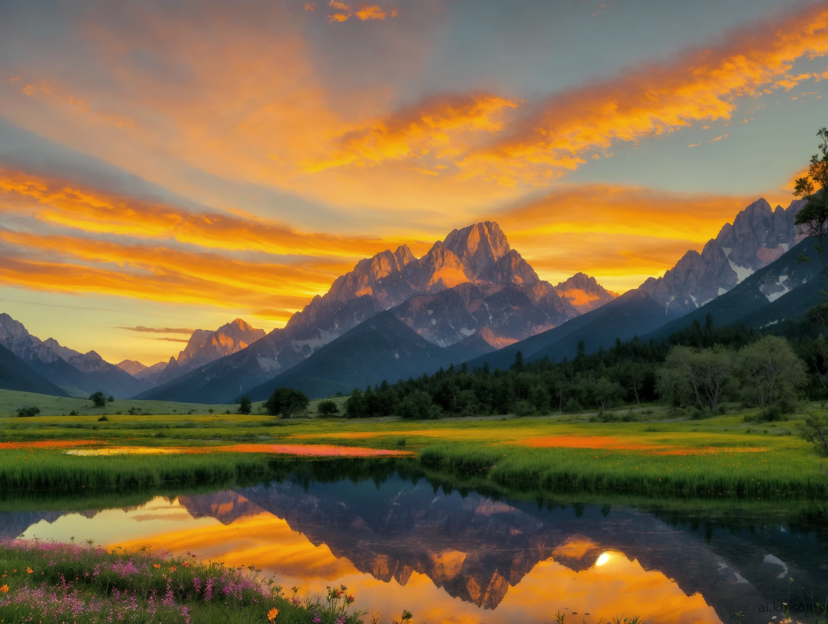 Serene landscape at sunset, tranquil lake
