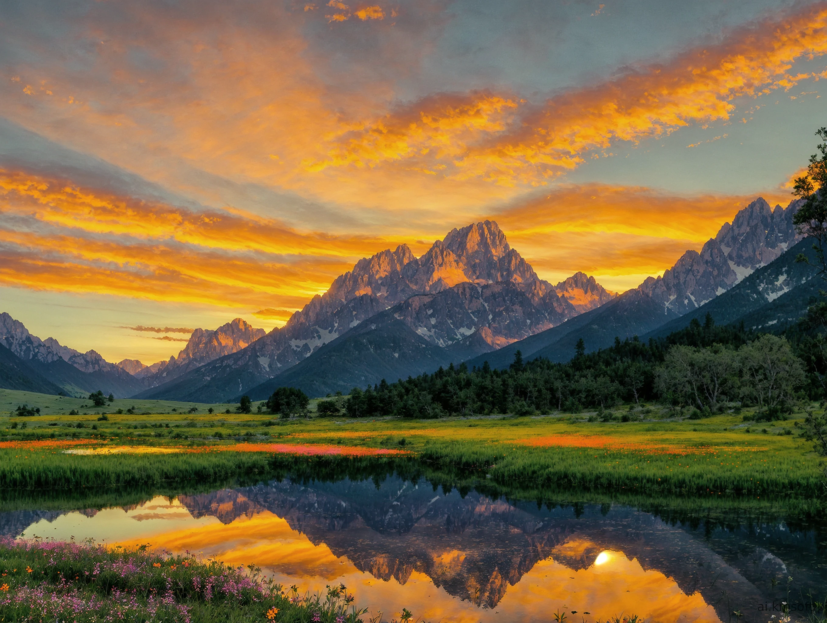 Serene landscape at sunset, tranquil lake