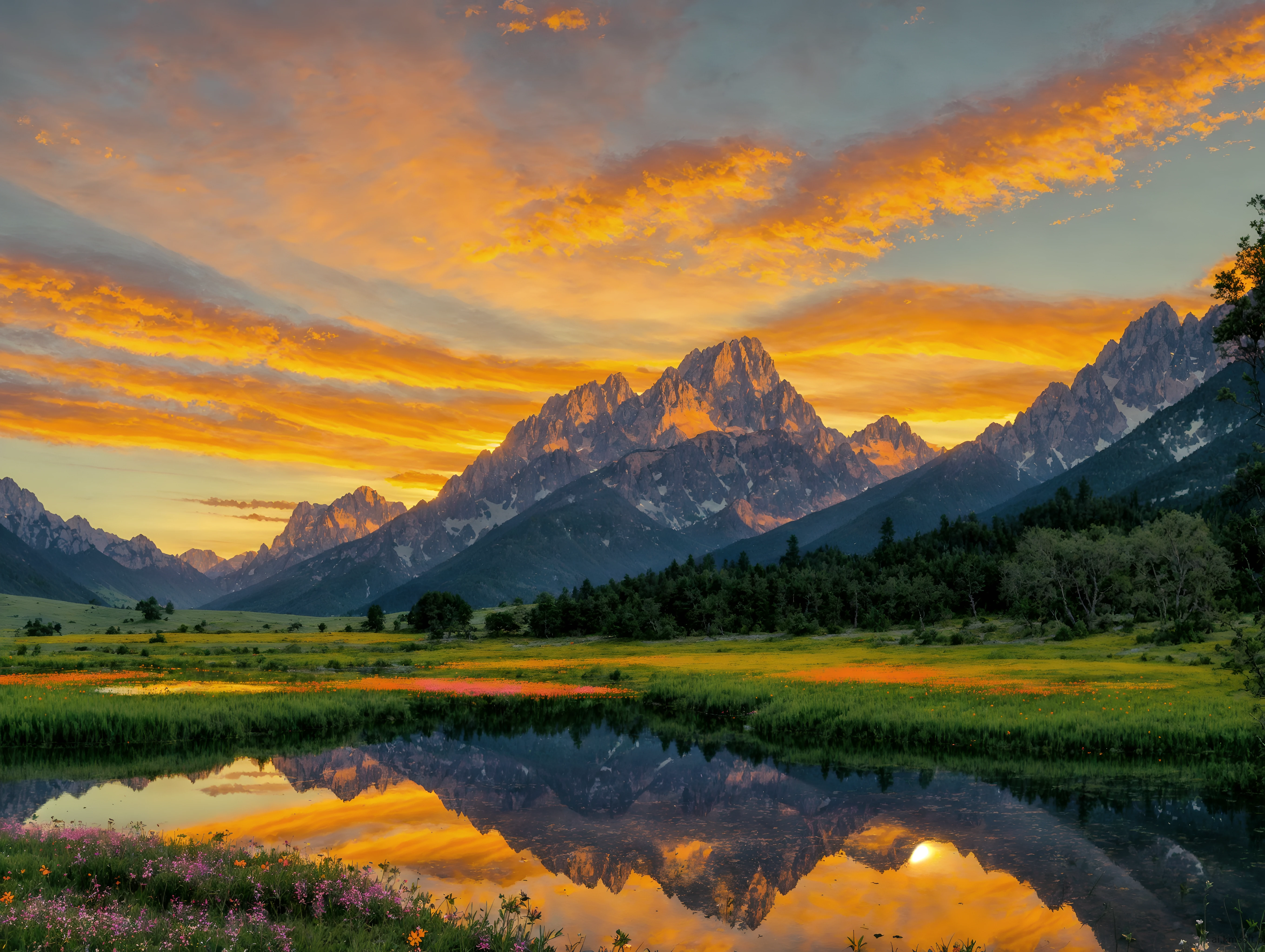 Serene landscape at sunset, tranquil lake